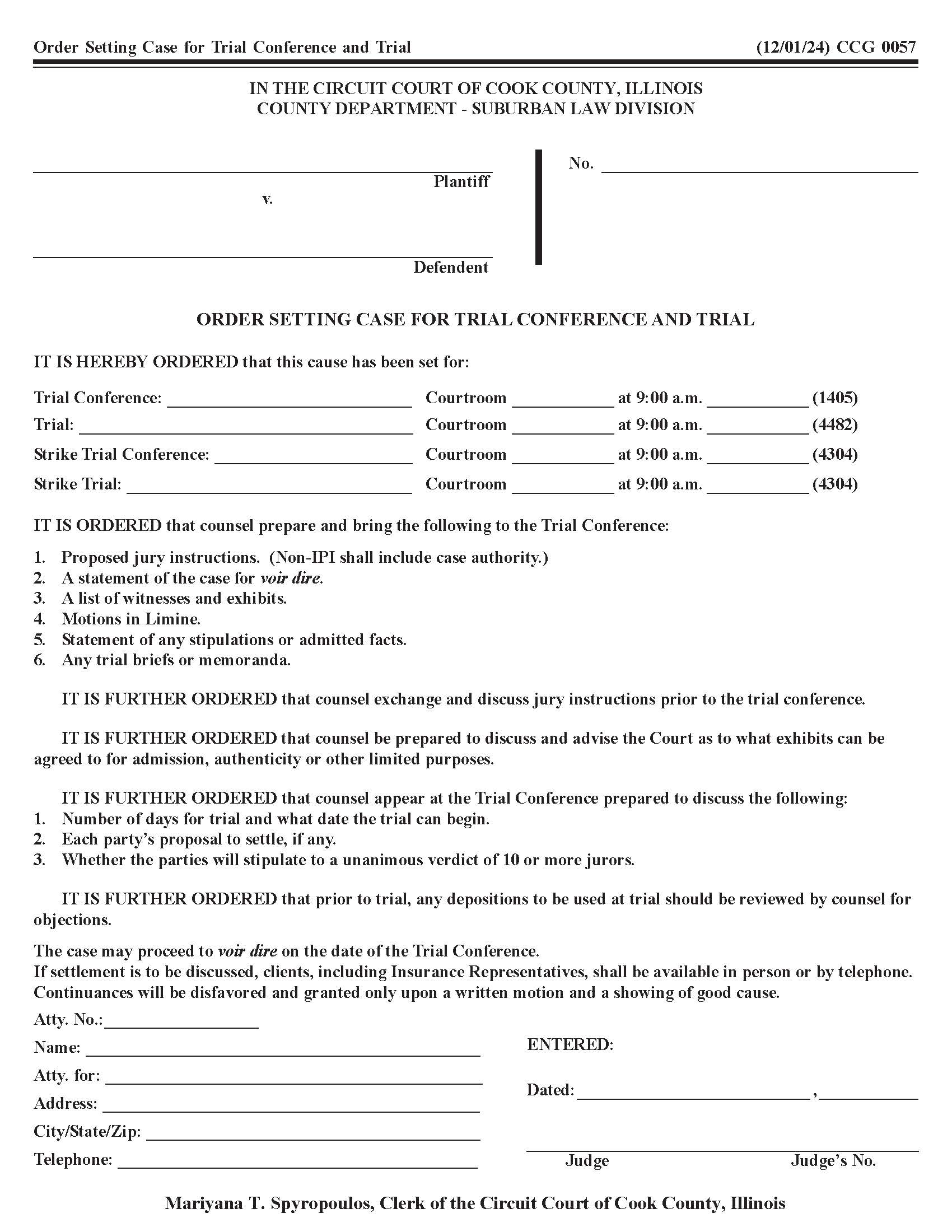 Order Setting Case For Trial Conference And Trial {CCG 0057} | Pdf Fpdf Docx | Illinois