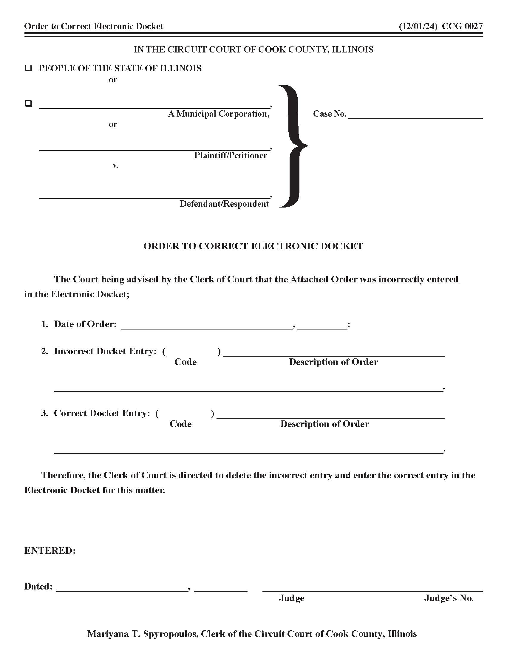 Order To Correct Electronic Docket {CCG 0027} | Pdf Fpdf Docx | Illinois