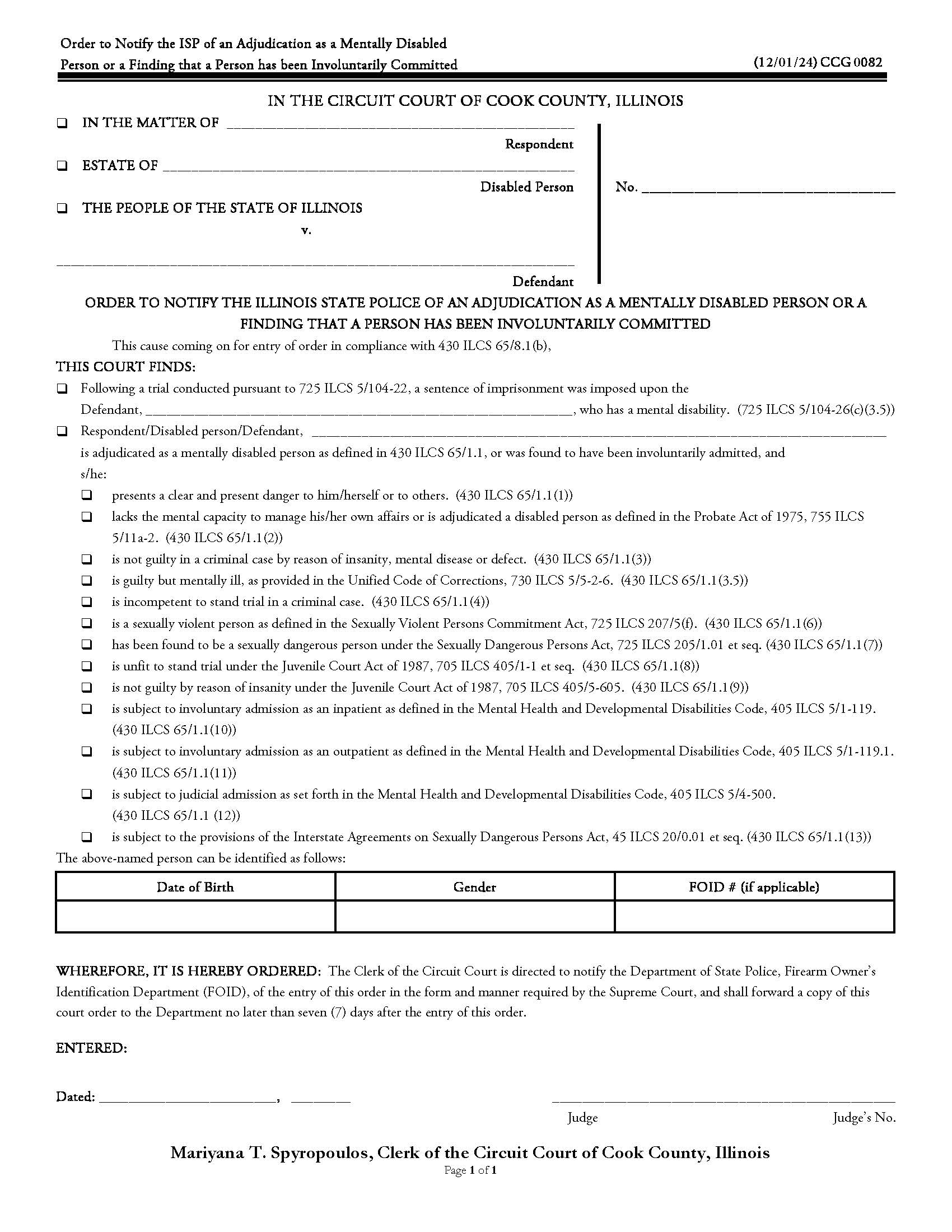 Order To Notify Illinois State Police Of Adjudication As Mental Defective {CCG 0082} | Pdf Fpdf Doc Docx | Illinois