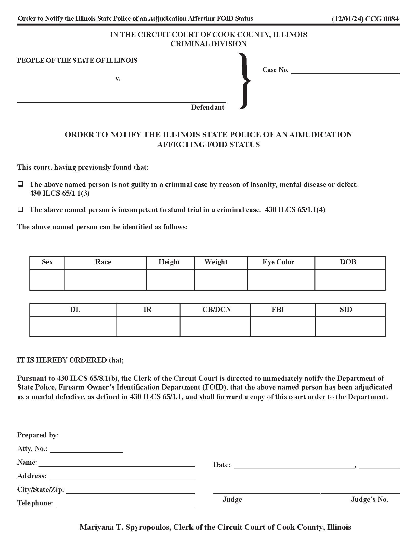 Order To Notify State Police Of Adjudication Affecting FOID Status {CCG 0084} | Pdf Fpdf Docx | Illinois
