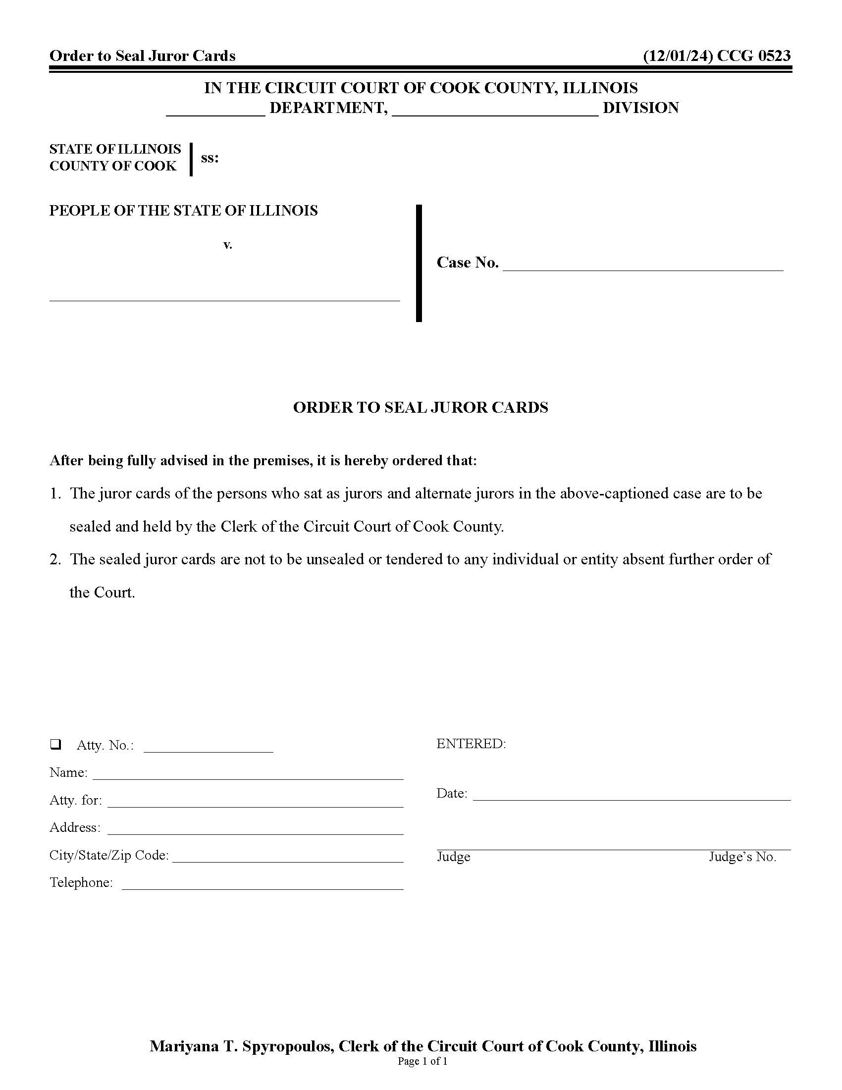 Order To Seal Juror Cards {CCG 0523} | Pdf Fpdf Docx | Illinois