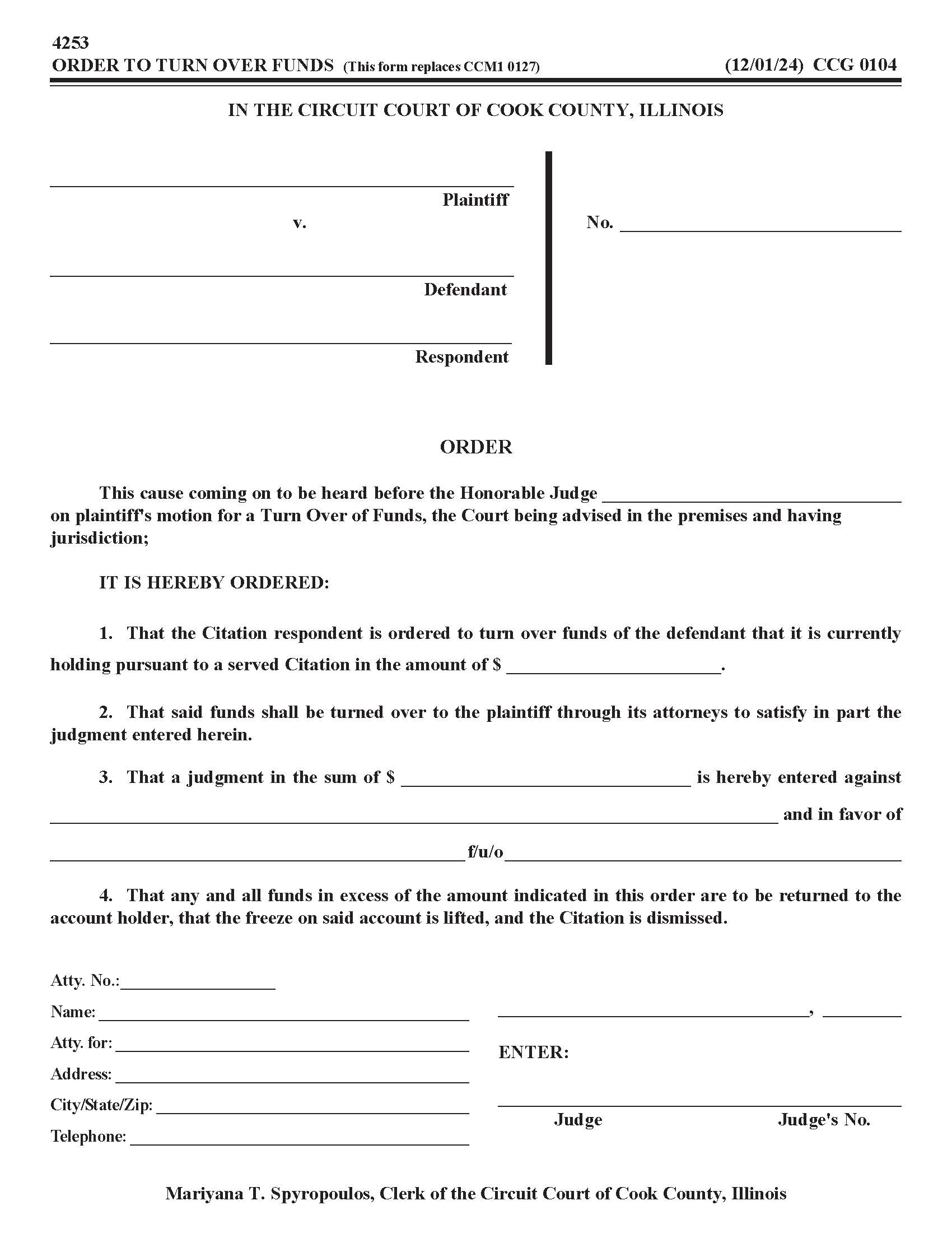 Order To Turn Over Funds {CCG 0104} | Pdf Fpdf Doc Docx | Illinois