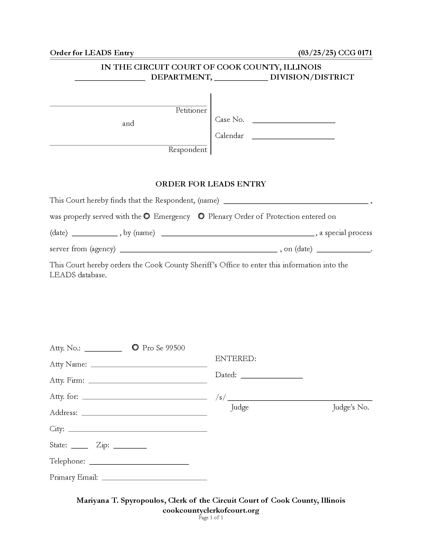 Order for LEADS Entry {CCG 0171} | Pdf Fpdf Docx | Illinois