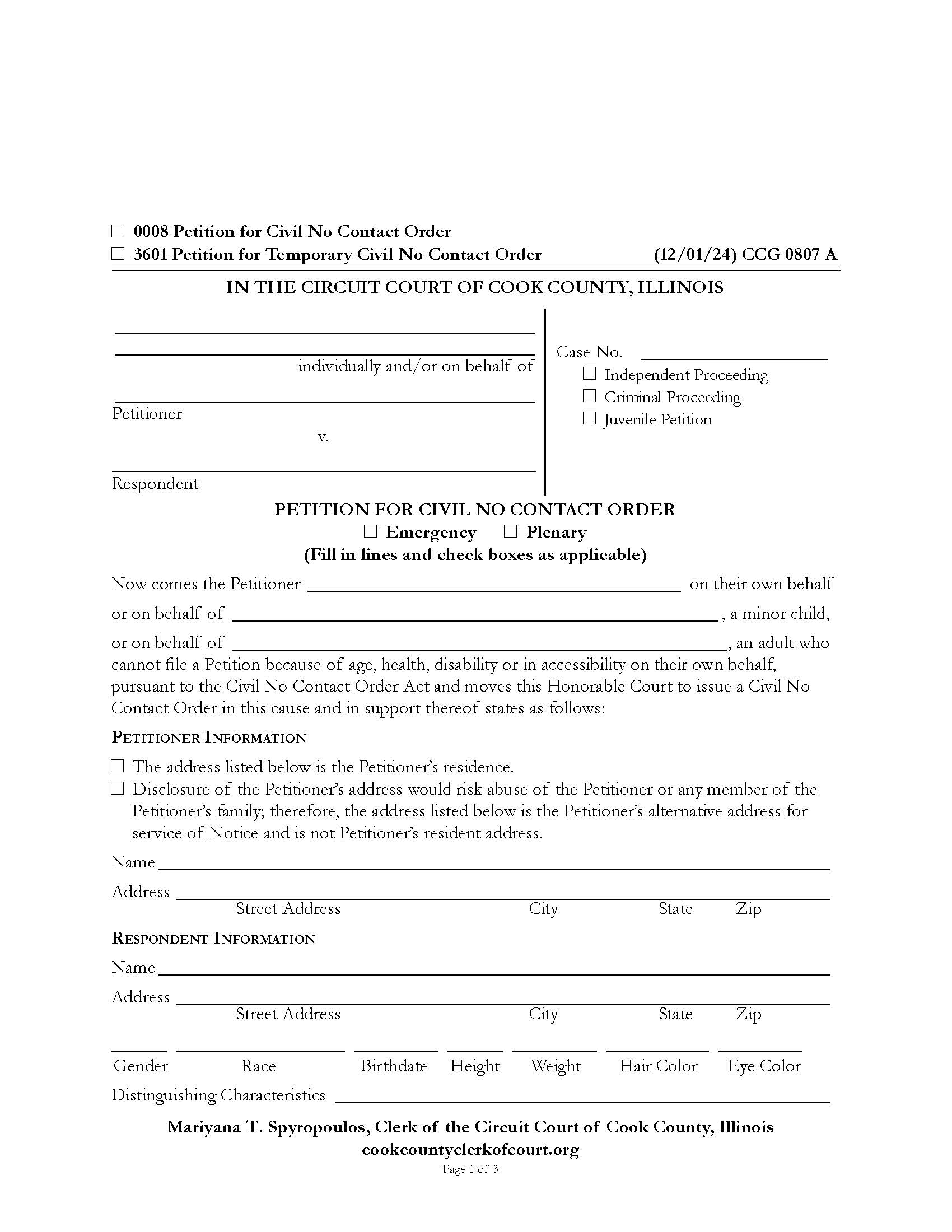Petition For Civil No Contact Order {CCG 0807} | Pdf Fpdf Doc Docx | Illinois