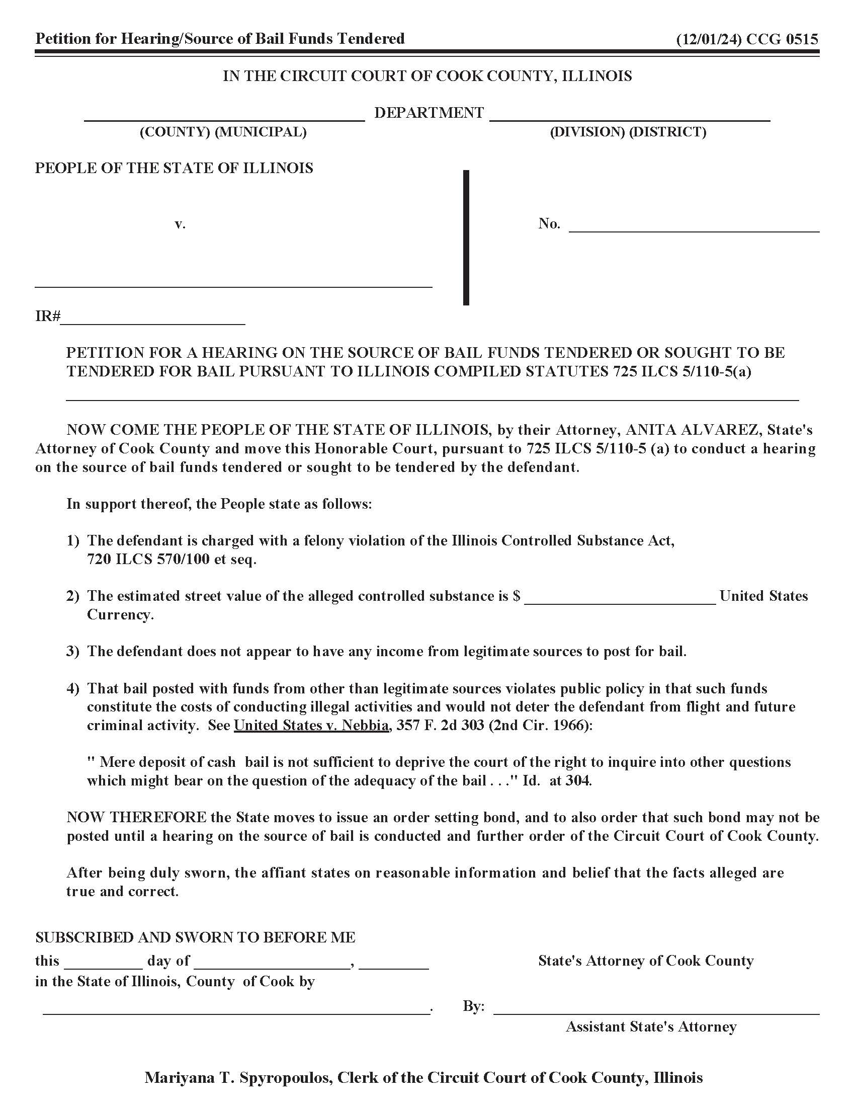 Petition For Hearing On Source Of Bail Funds Tendered {CCG 0515} | Pdf Fpdf Docx | Illinois