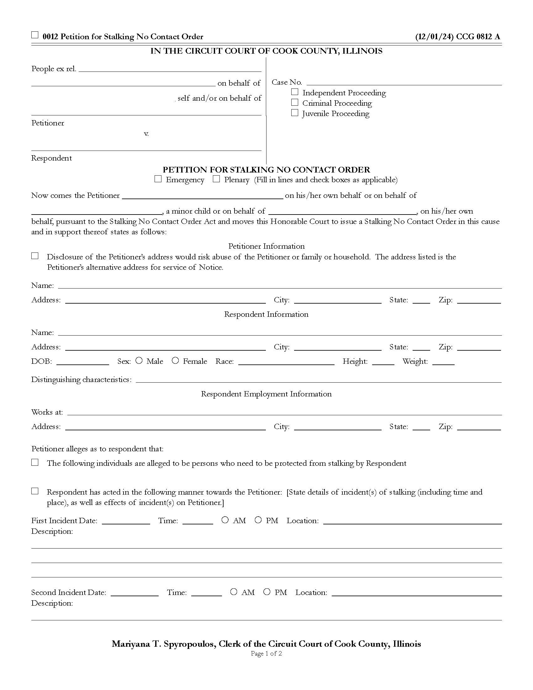 Petition For Stalking No Contact Order {CCG 0812} | Pdf Fpdf Doc Docx | Illinois