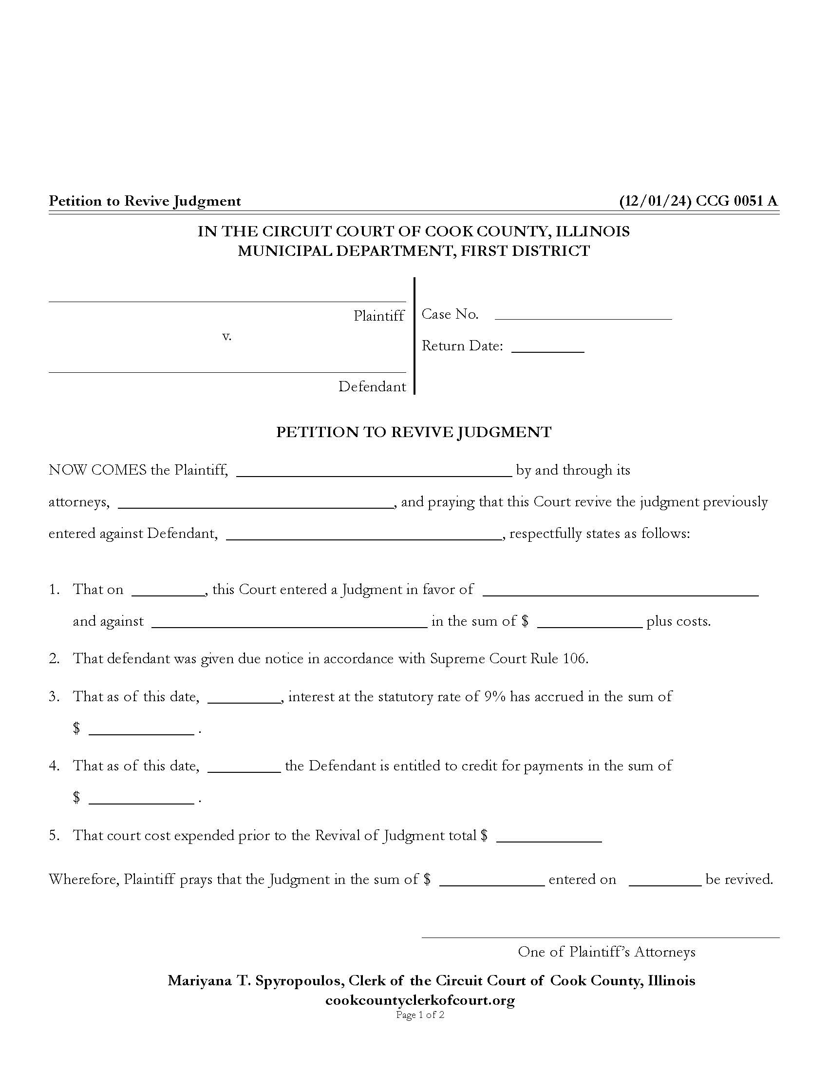 Petition To Revive Judgment {CCG 0051} | Pdf Fpdf Doc Docx | Illinois