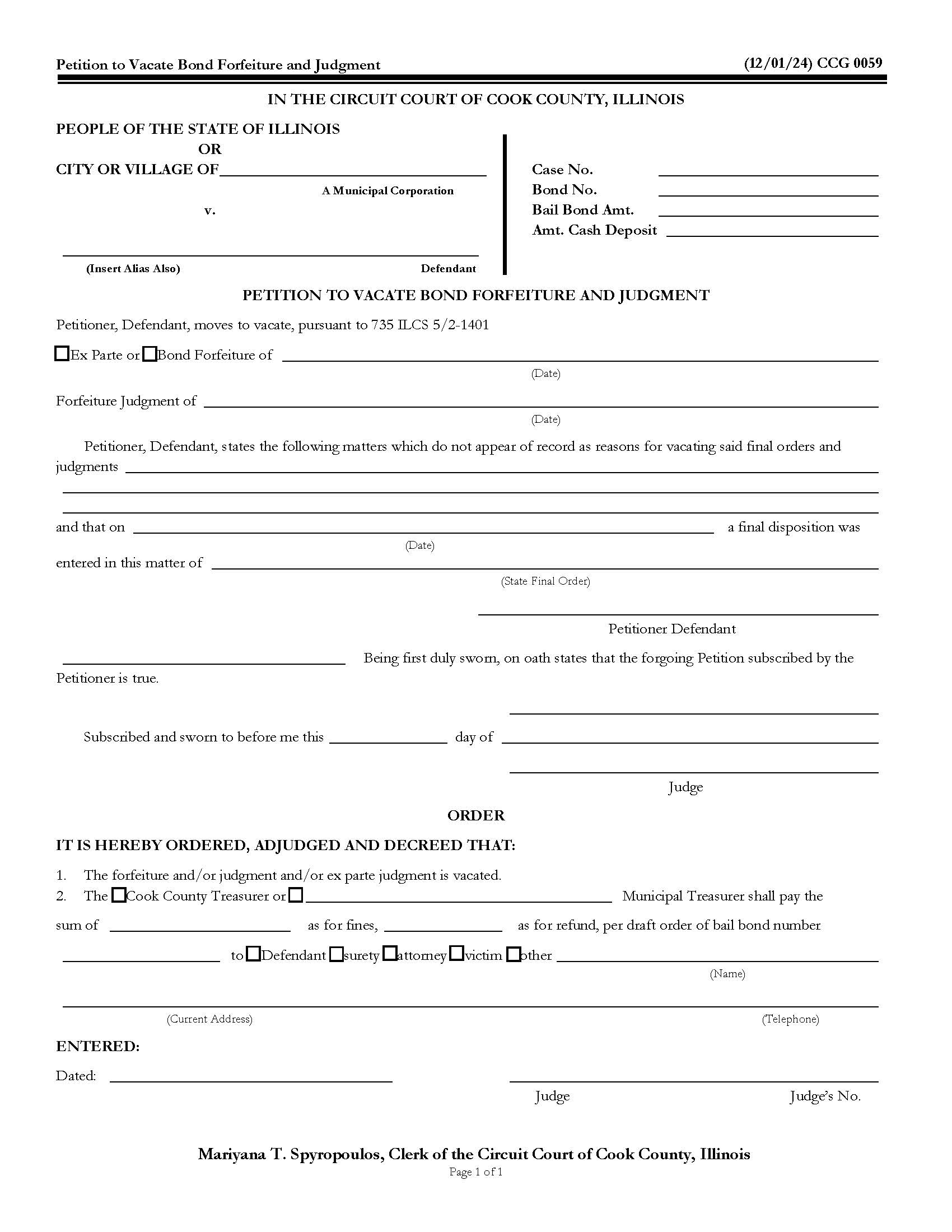 Petition To Vacate Bond Forfeiture And Judgment {CCG 0059} | Pdf Fpdf Doc Docx | Illinois