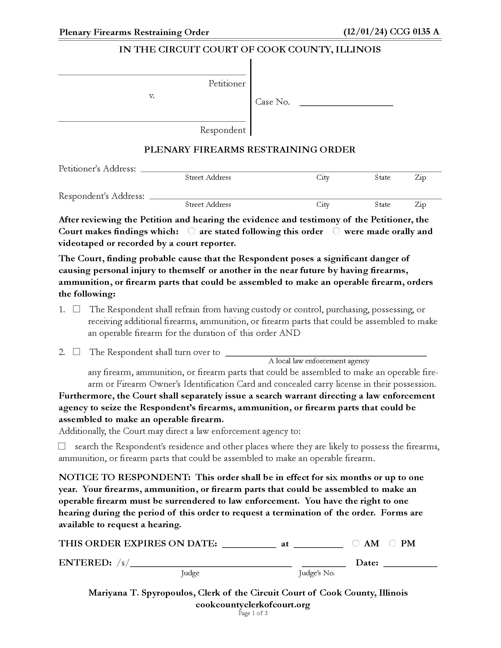Plenary Firearms Restraining Order {CCG 0135} | Pdf Fpdf Docx | Illinois