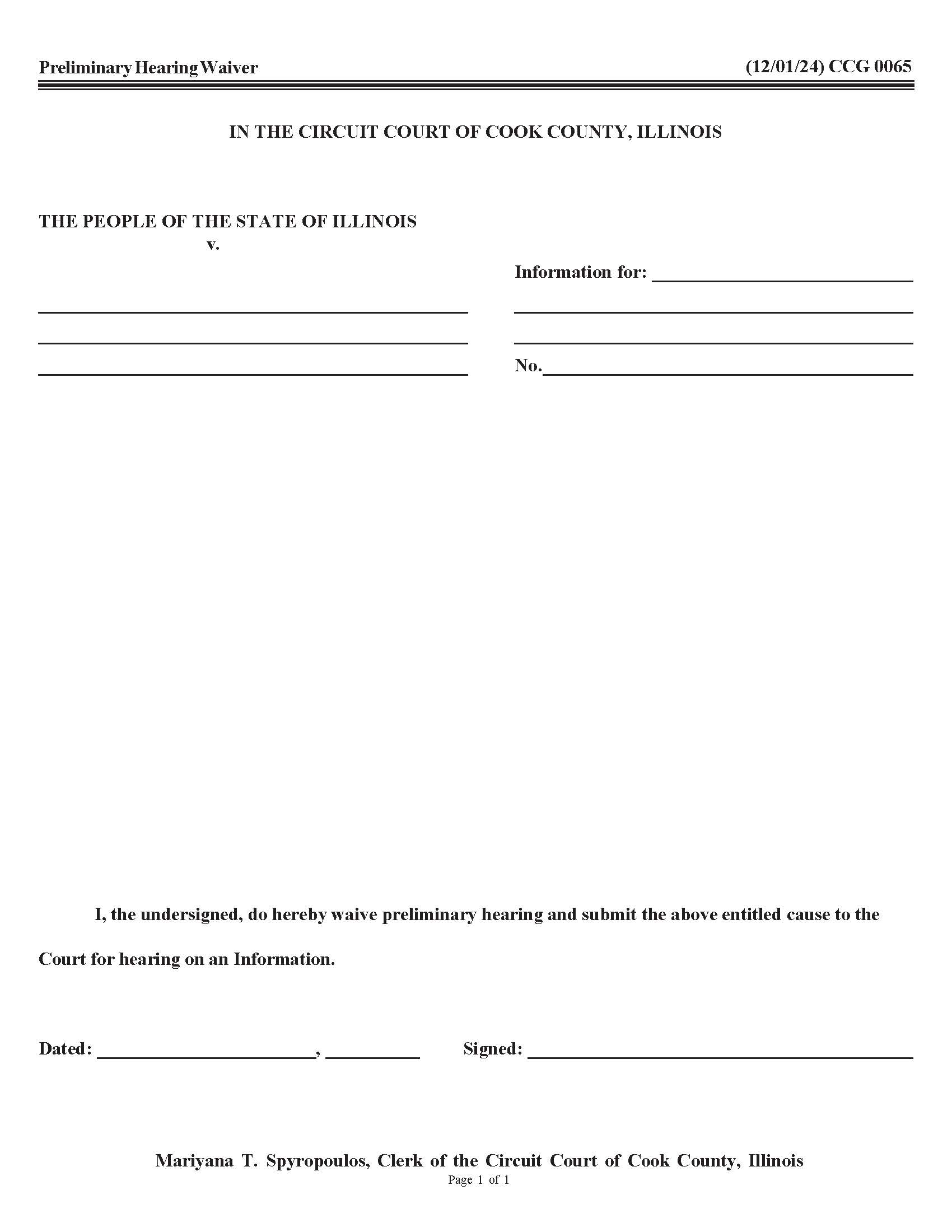 Preliminary Hearing Waiver {CCG 0065} | Pdf Fpdf Doc Docx | Illinois