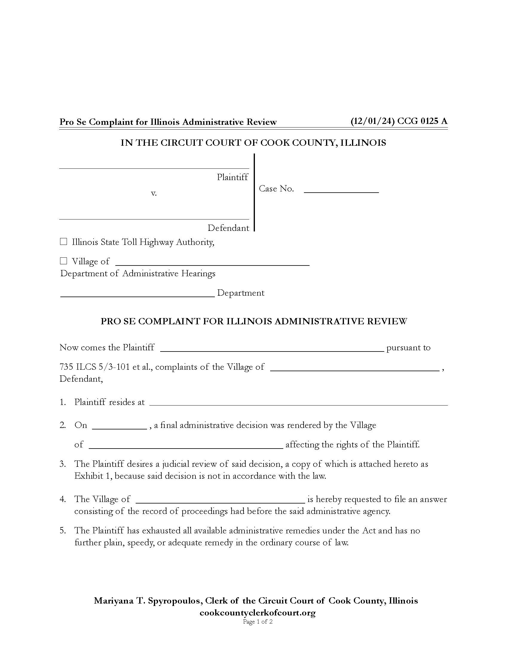 Pro Se Complaint For Illinois Administrative Review {CCG 0125} | Pdf Fpdf Doc Docx | Illinois