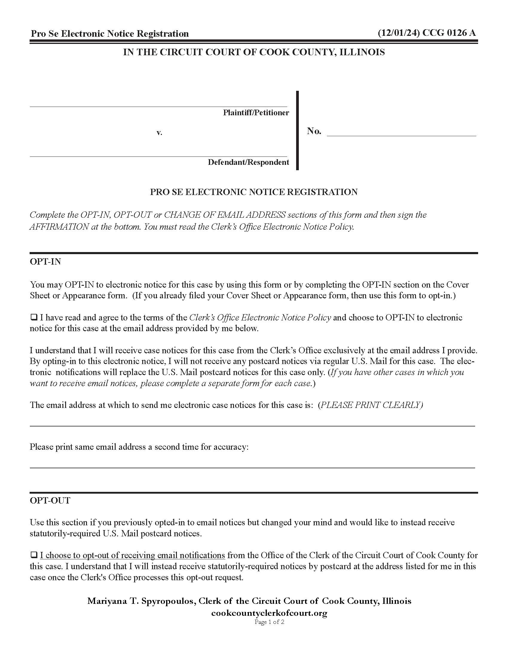Pro Se Electronic Notice Registration {CCG 0126} | Pdf Fpdf Doc Docx | Illinois
