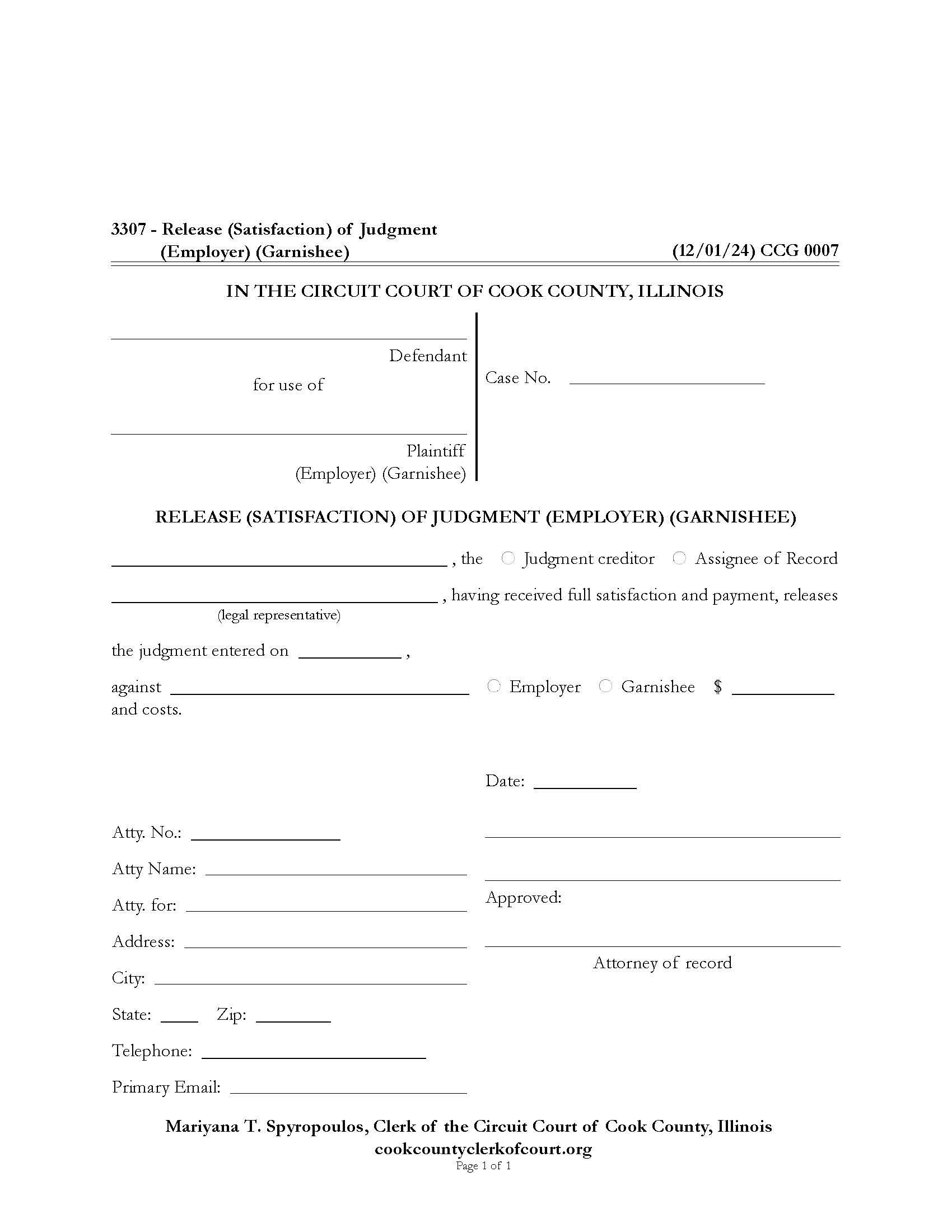 Release (Satisfaction) Of Judgement (Employer) (Garnishee) {CCG 0007} | Pdf Fpdf Docx | Illinois