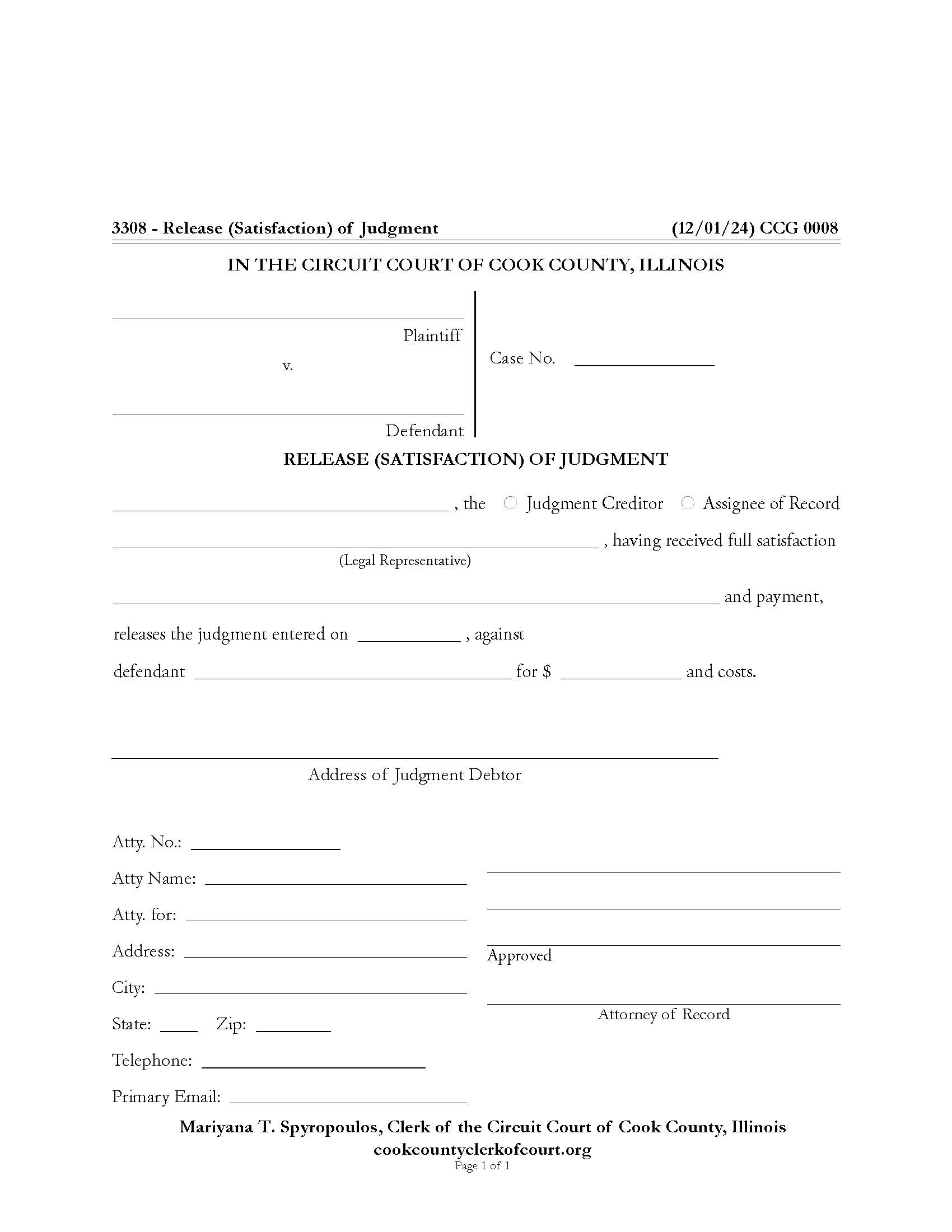 Release (Satisfaction) Of Judgment {CCG 0008} | Pdf Fpdf Docx | Illinois