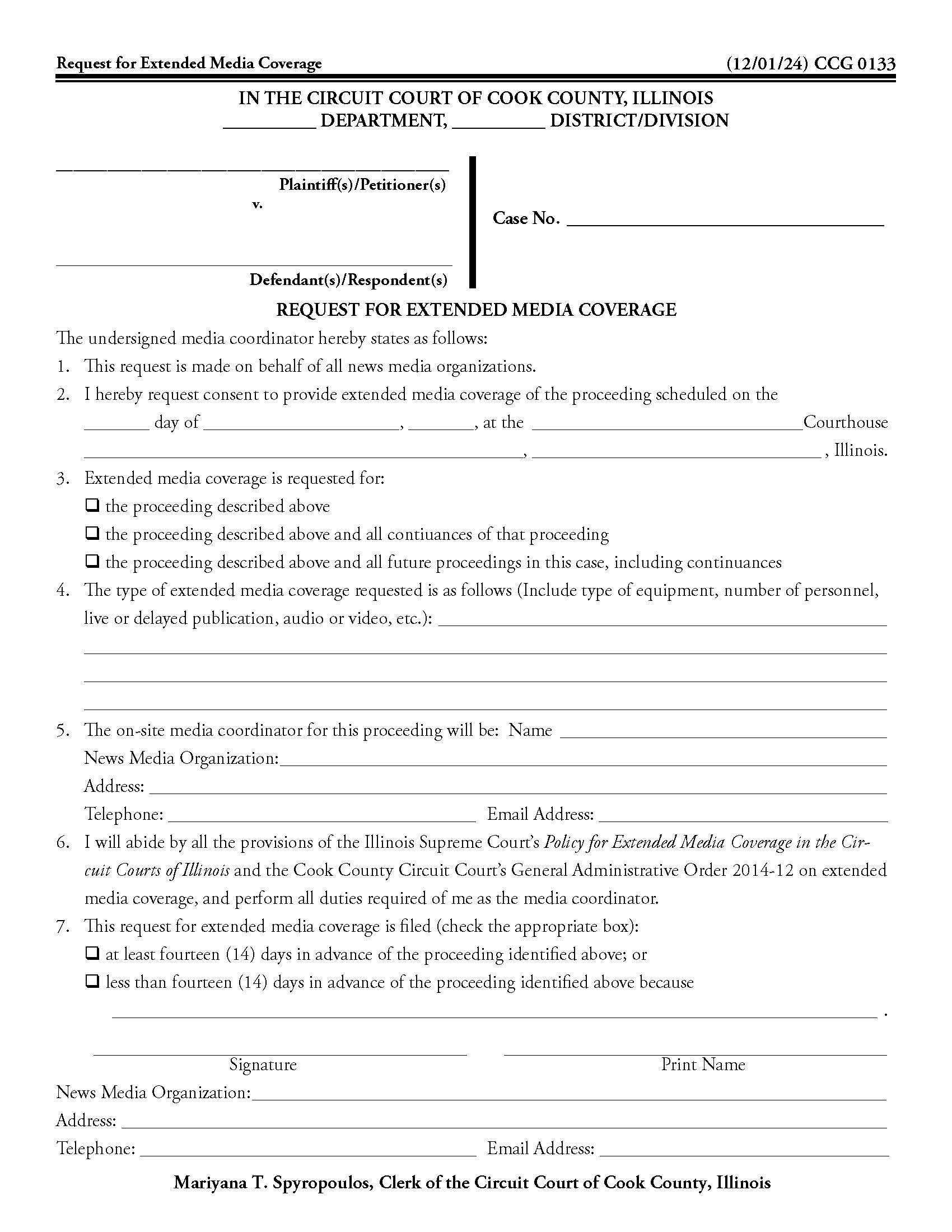 Request For Extended Media Coverage {CCG 0133} | Pdf Fpdf Docx | Illinois