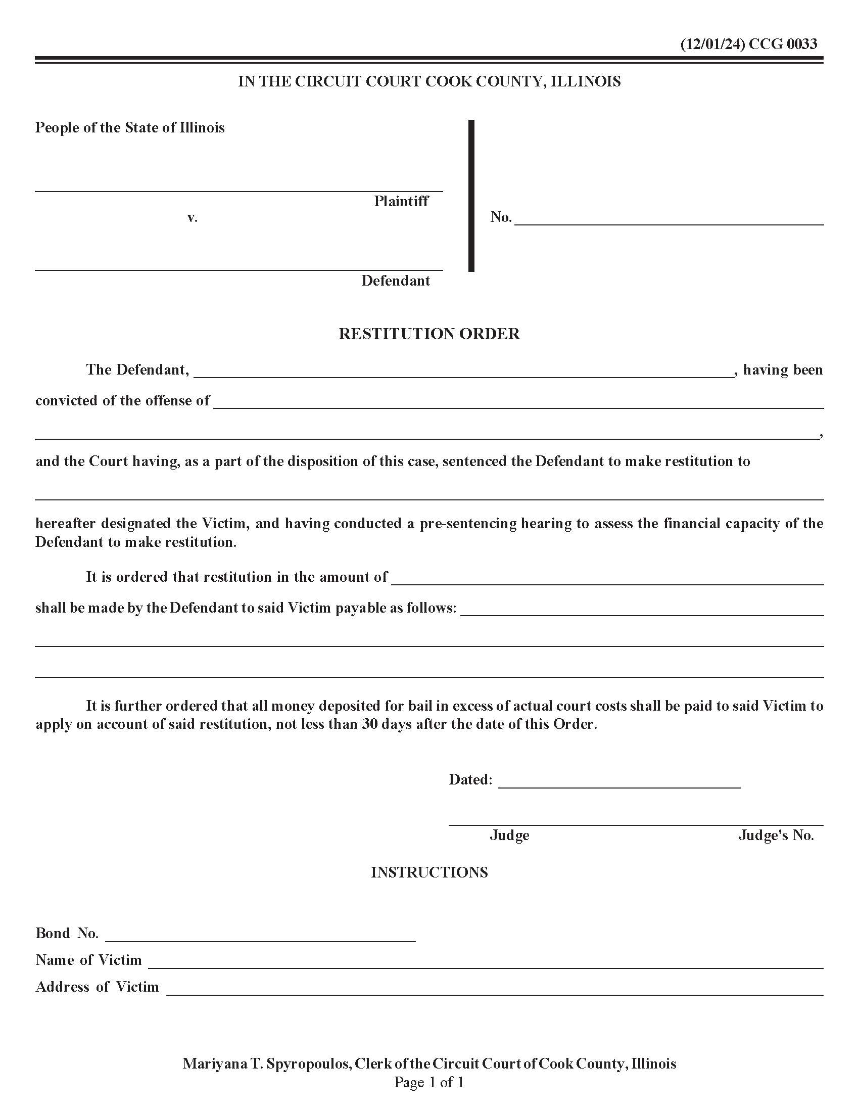 Restitution Order {CCG 0033} | Pdf Fpdf Doc Docx | Illinois
