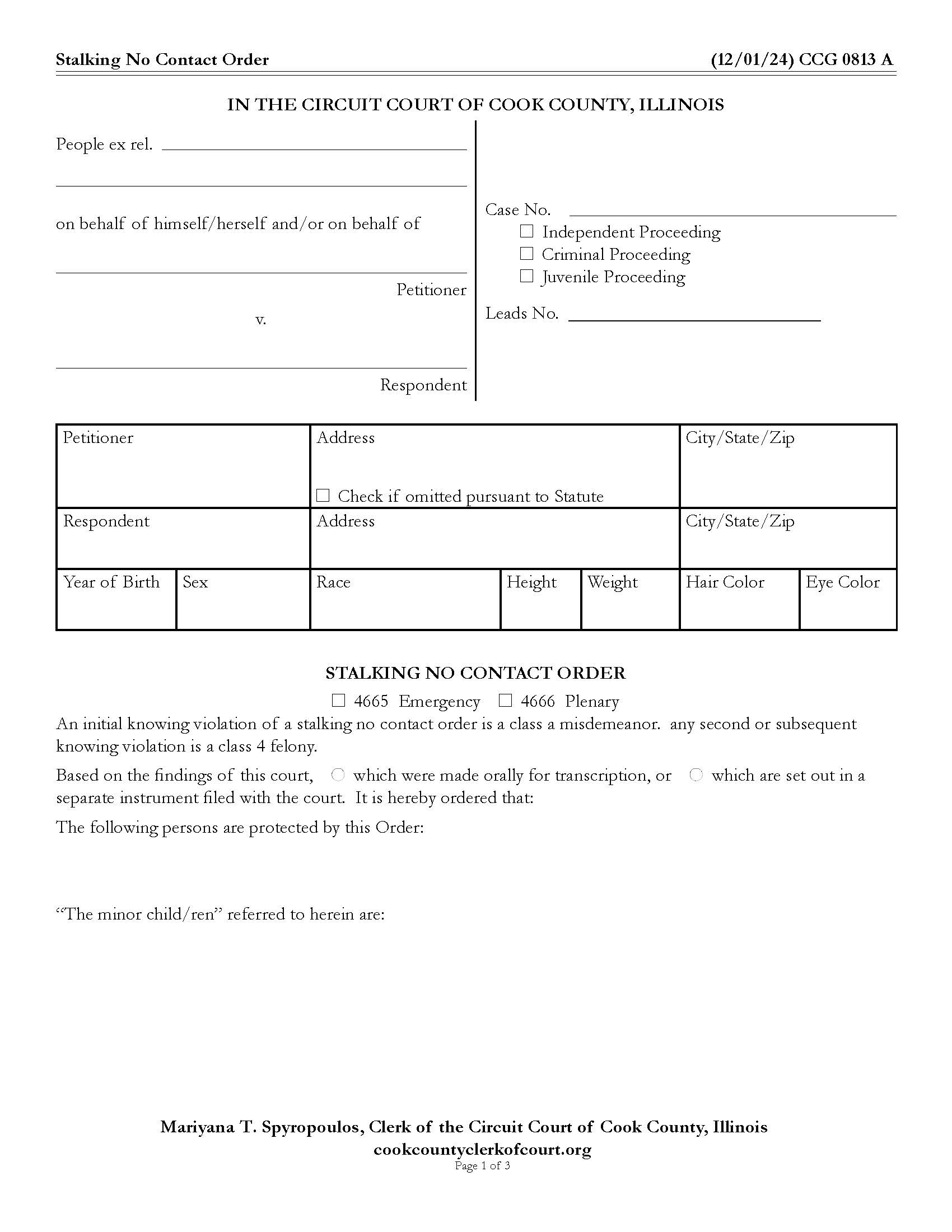Stalking No Contact Order {CCG 0813} | Pdf Fpdf Doc Docx | Illinois