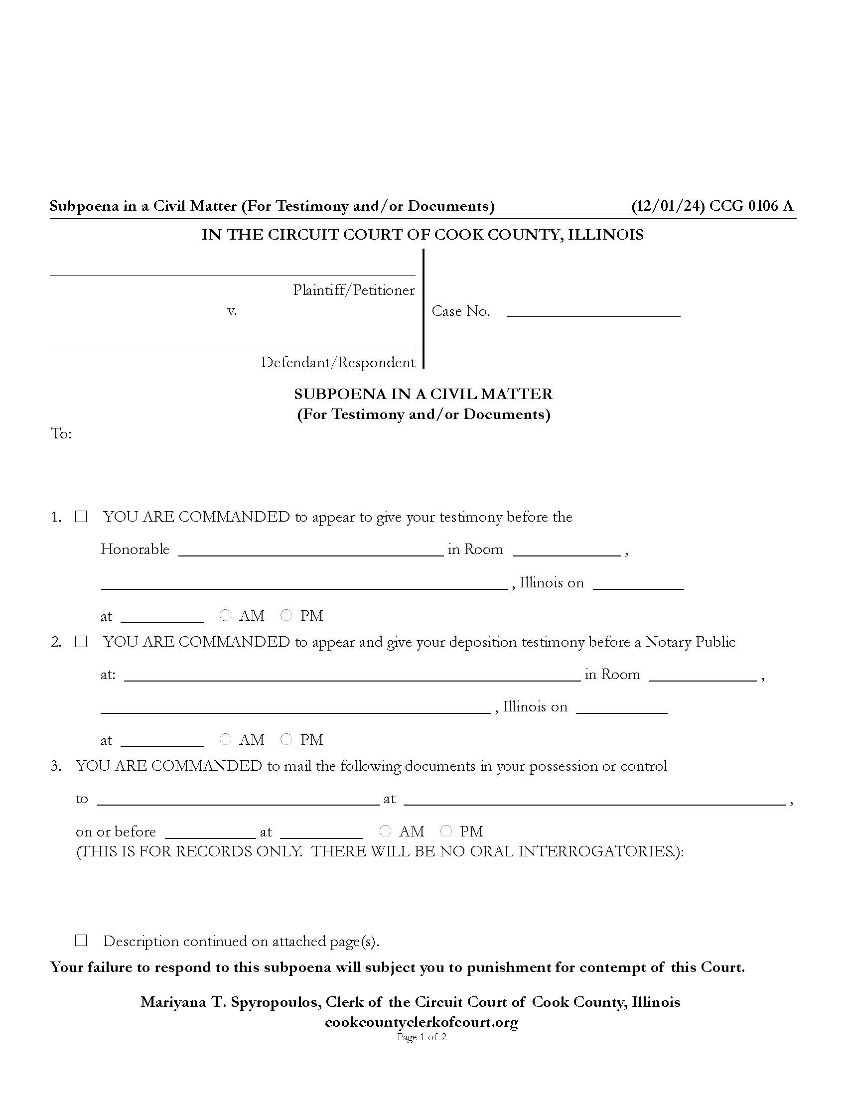 Subpoena In A Civil Matter (For Testimony And-Or Documents) {CCG 0106} | Pdf Fpdf Doc Docx | Illinois
