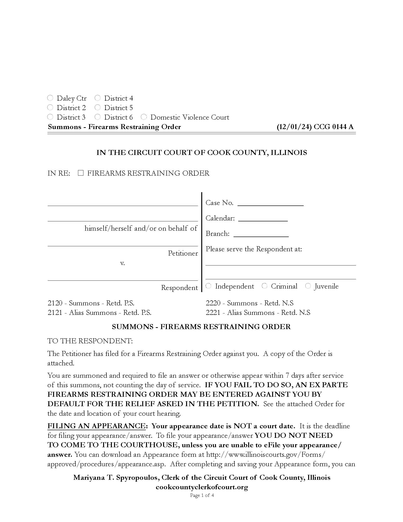 Summons - Firearms Restraining Order {CCG 0144} | Pdf Fpdf Docx | Illinois