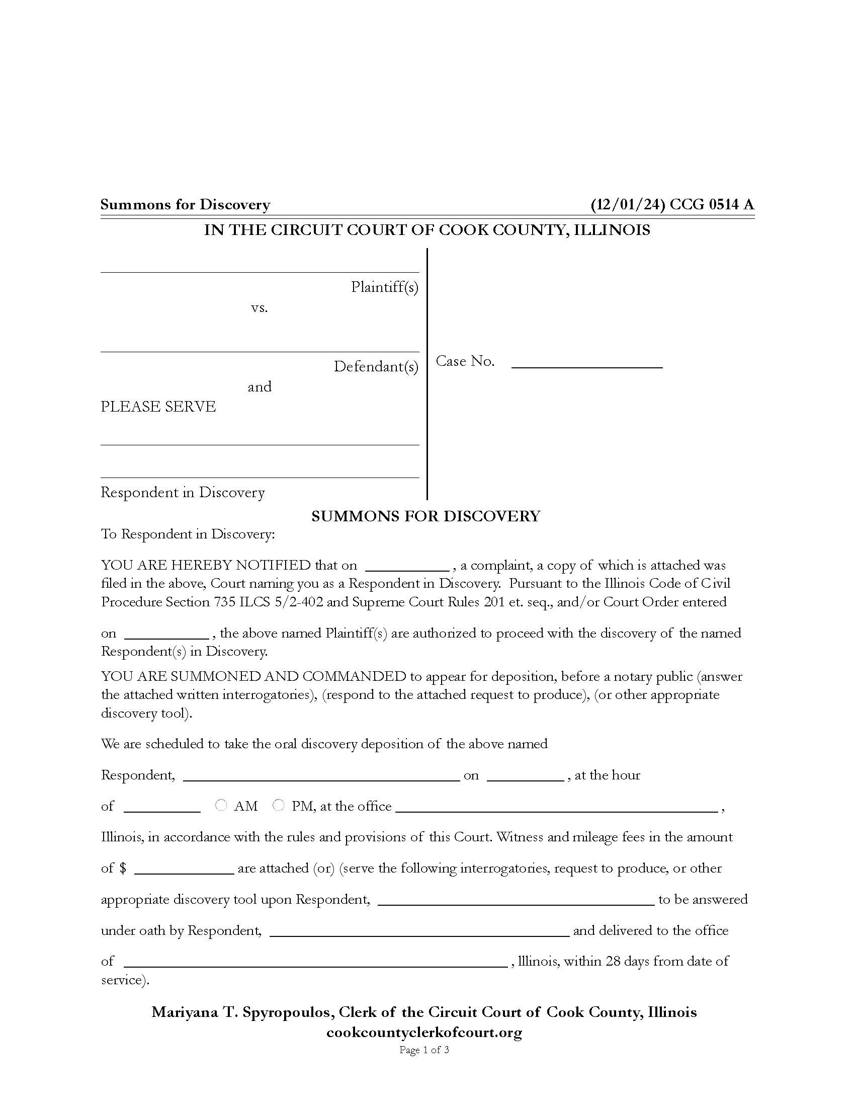 Summons For Discovery {CCG 0514} | Pdf Fpdf Docx | Illinois