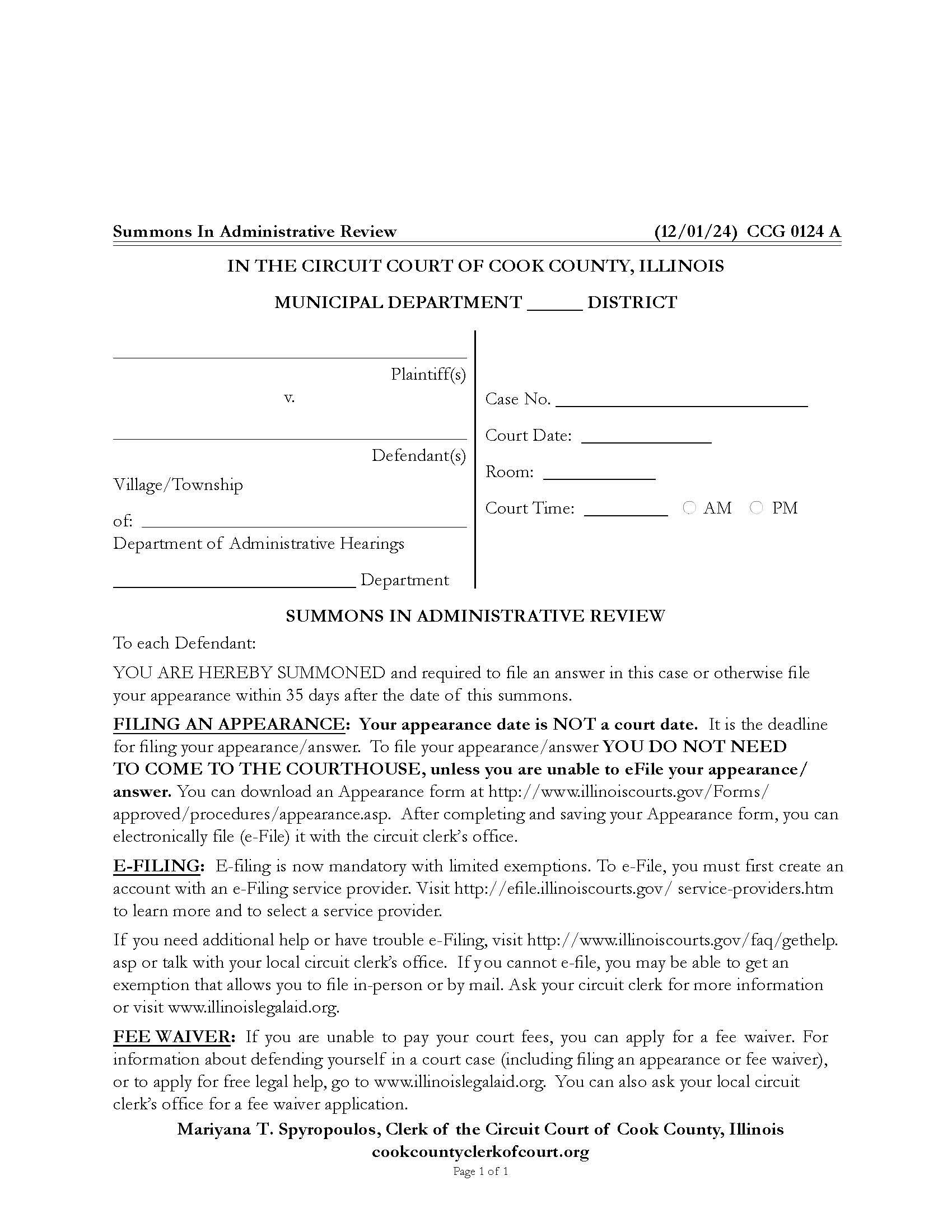 Summons In Administrative Review {CCG 0124} | Pdf Fpdf Docx | Illinois