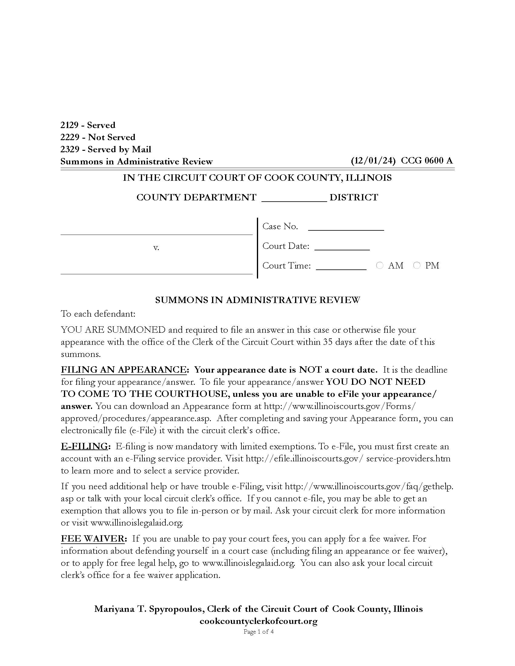 Summons In Administrative Review {CCG 0600} | Pdf Fpdf Docx | Illinois