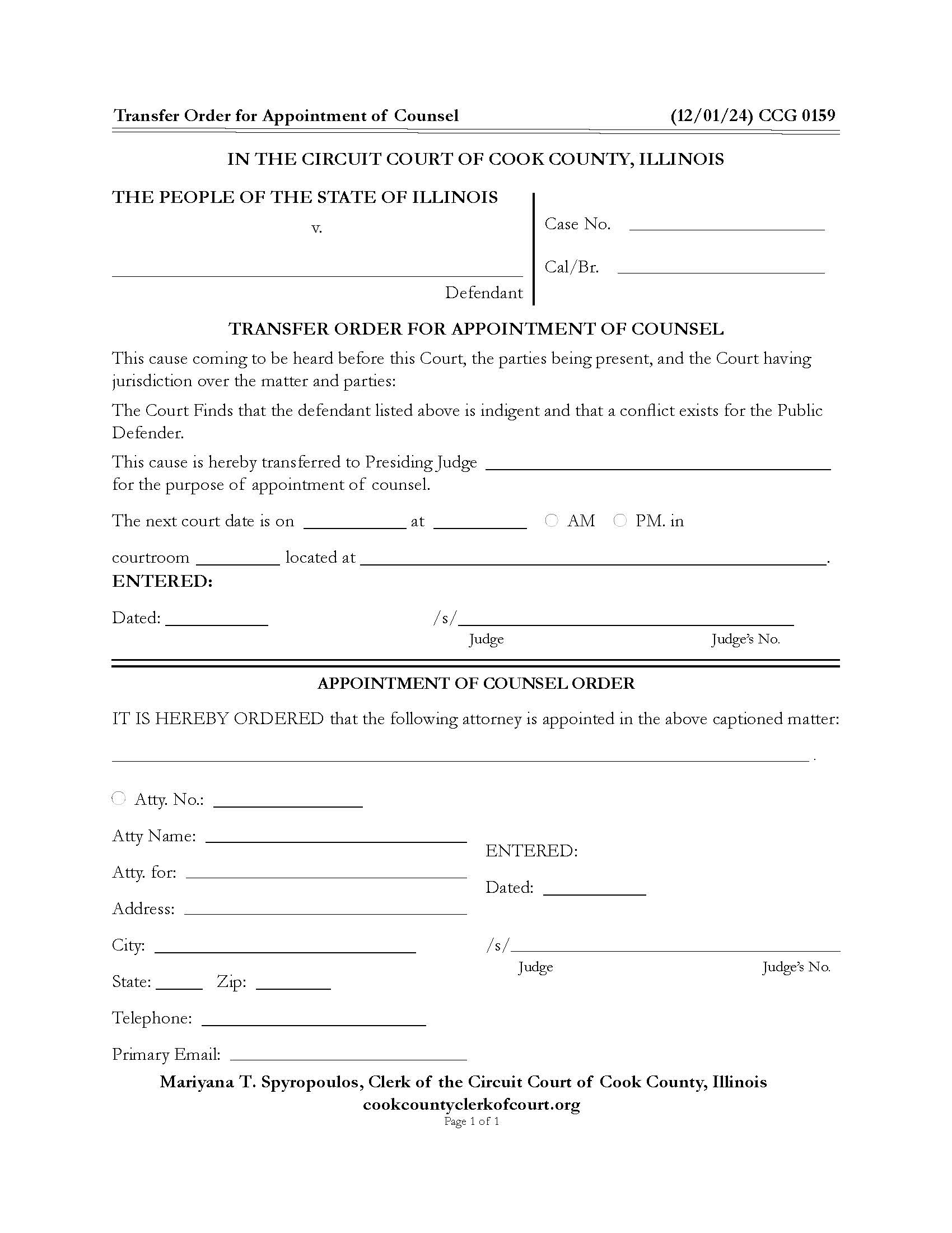 Transfer Order For Appointment of Counsel {CCG 0159} | Pdf Fpdf Docx | Illinois