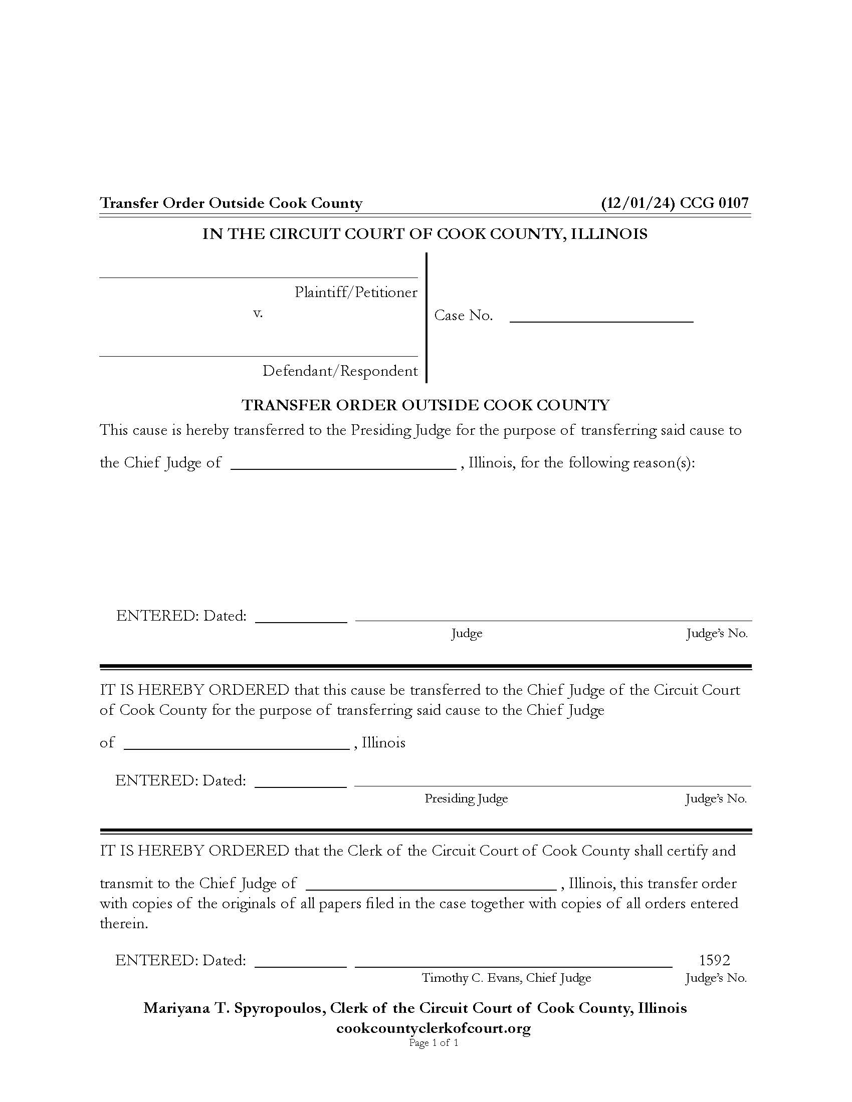 Transfer Order Outside Cook County {CCG 0107} | Pdf Fpdf Docx | Illinois