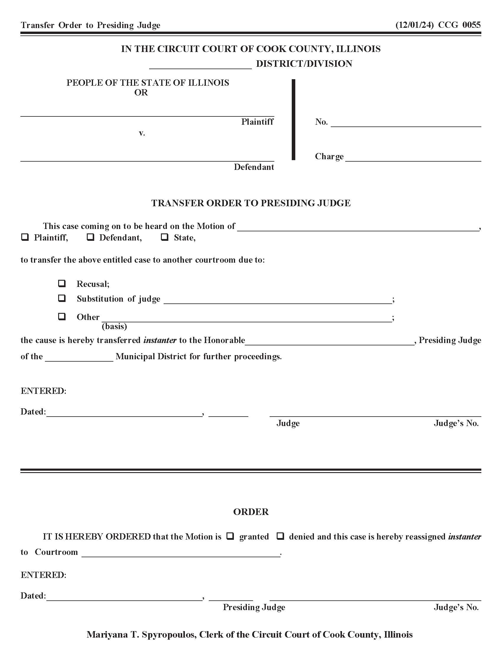 Transfer Order To Presiding Judge {CCG 0055} | Pdf Fpdf Docx | Illinois