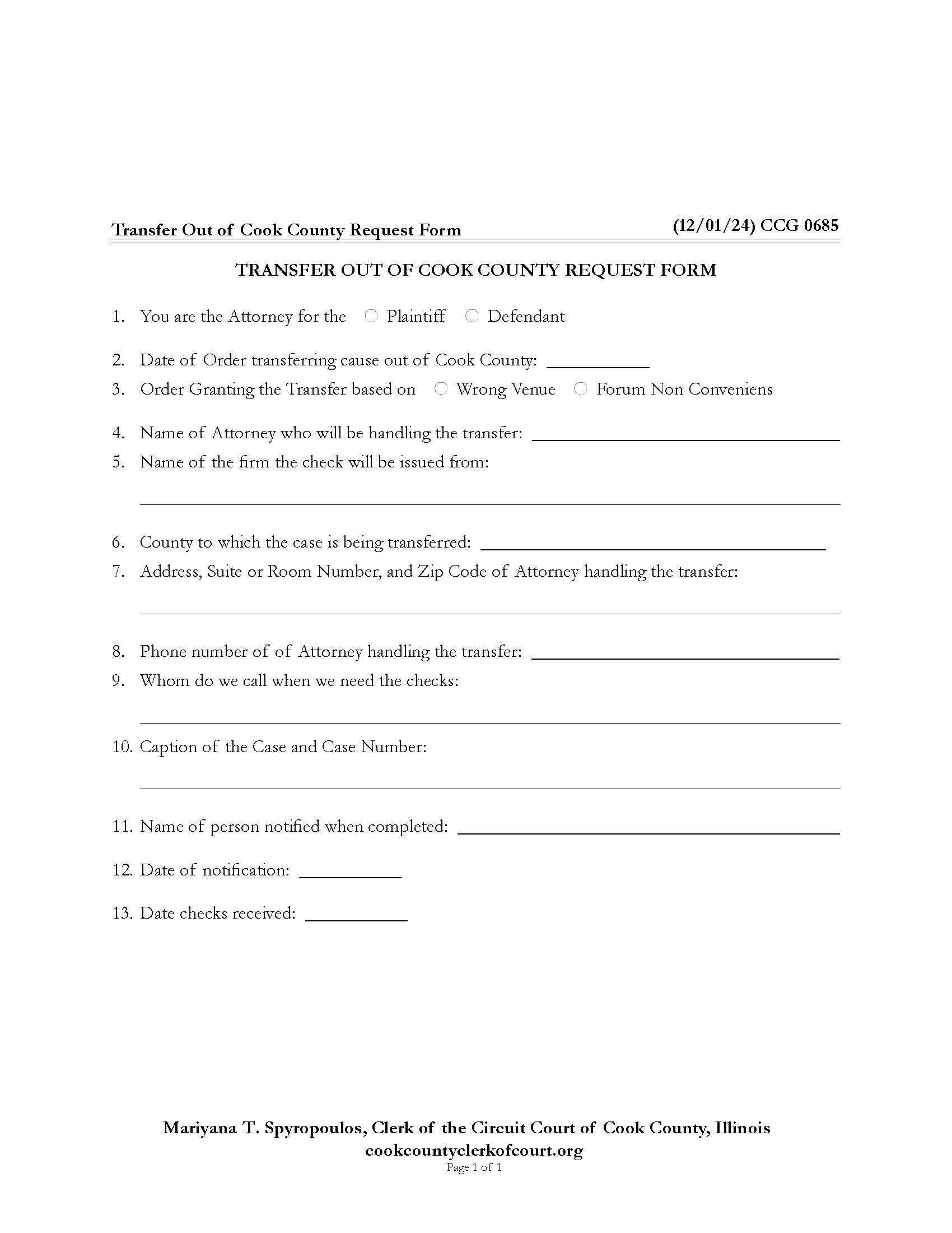 Transfer Out Of Cook County Request Form {CCG 0685} | Pdf Fpdf Docx | Illinois
