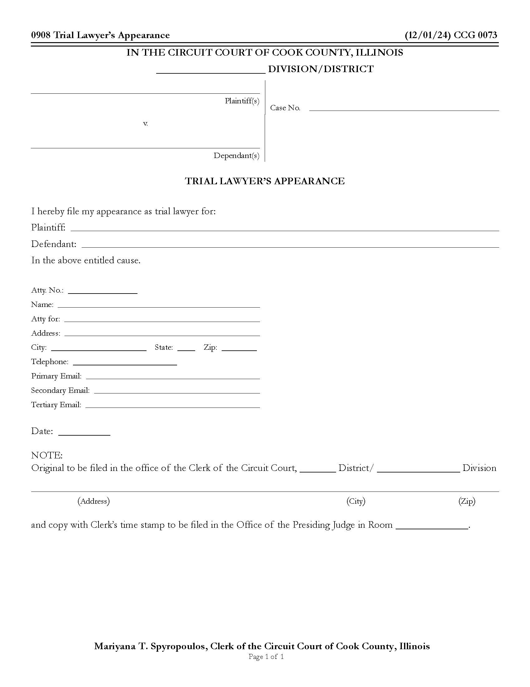 Trial Lawyers Appearance {CCG 0073} | Pdf Fpdf Doc Docx | Illinois
