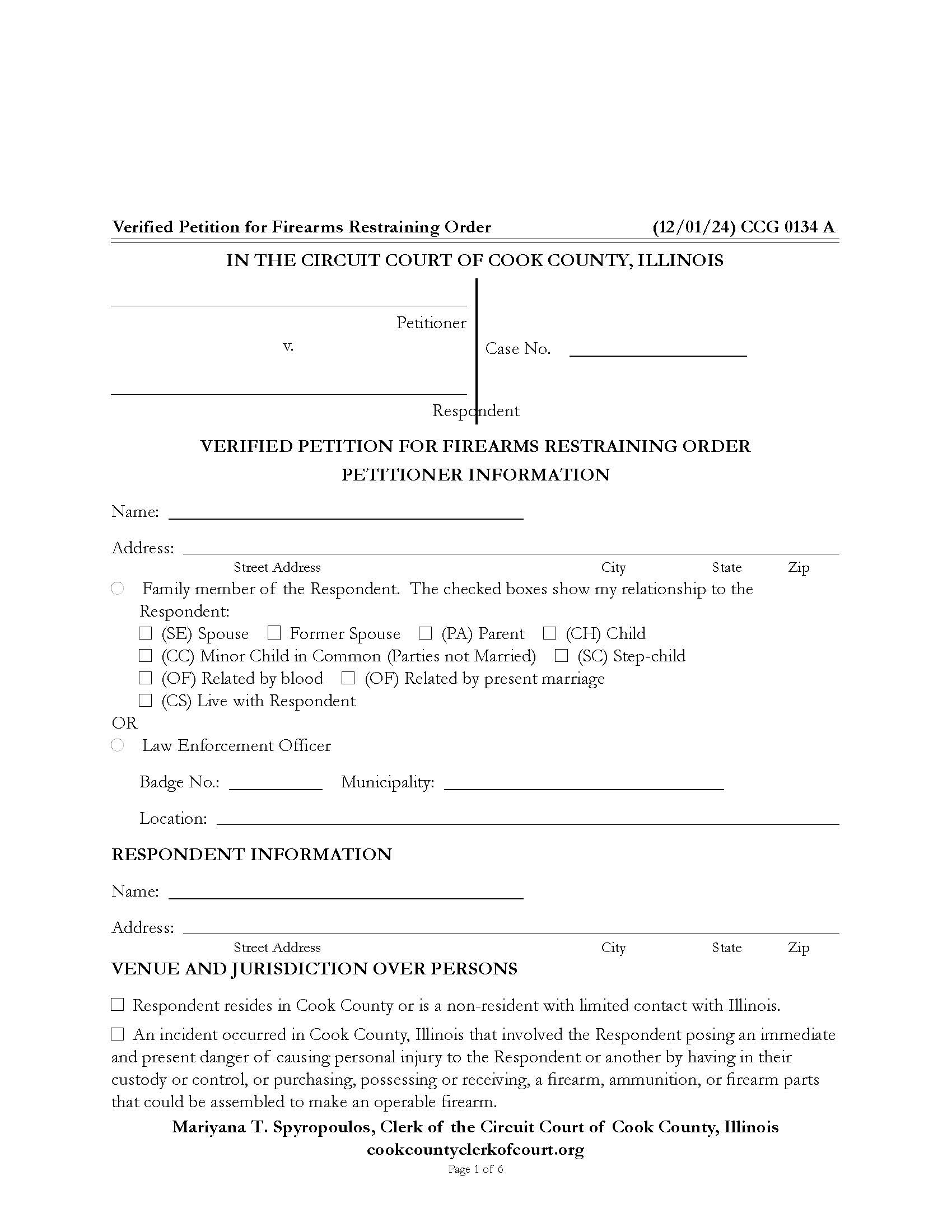 Verified Petition For Firearms Restraining Order {CCG 0134} | Pdf Fpdf Docx | Illinois