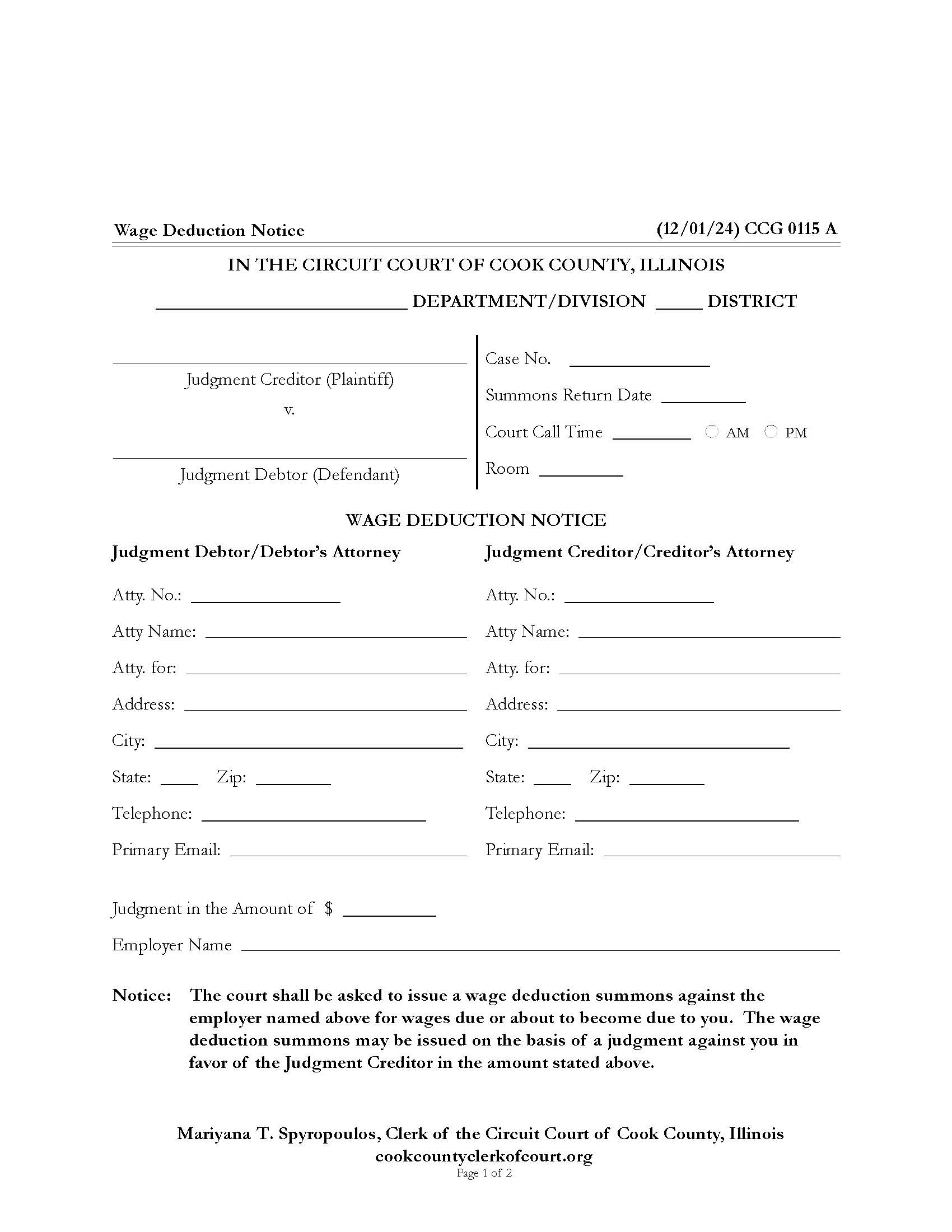 Wage Deduction Notice {CCG 0115} | Pdf Fpdf Docx | Illinois