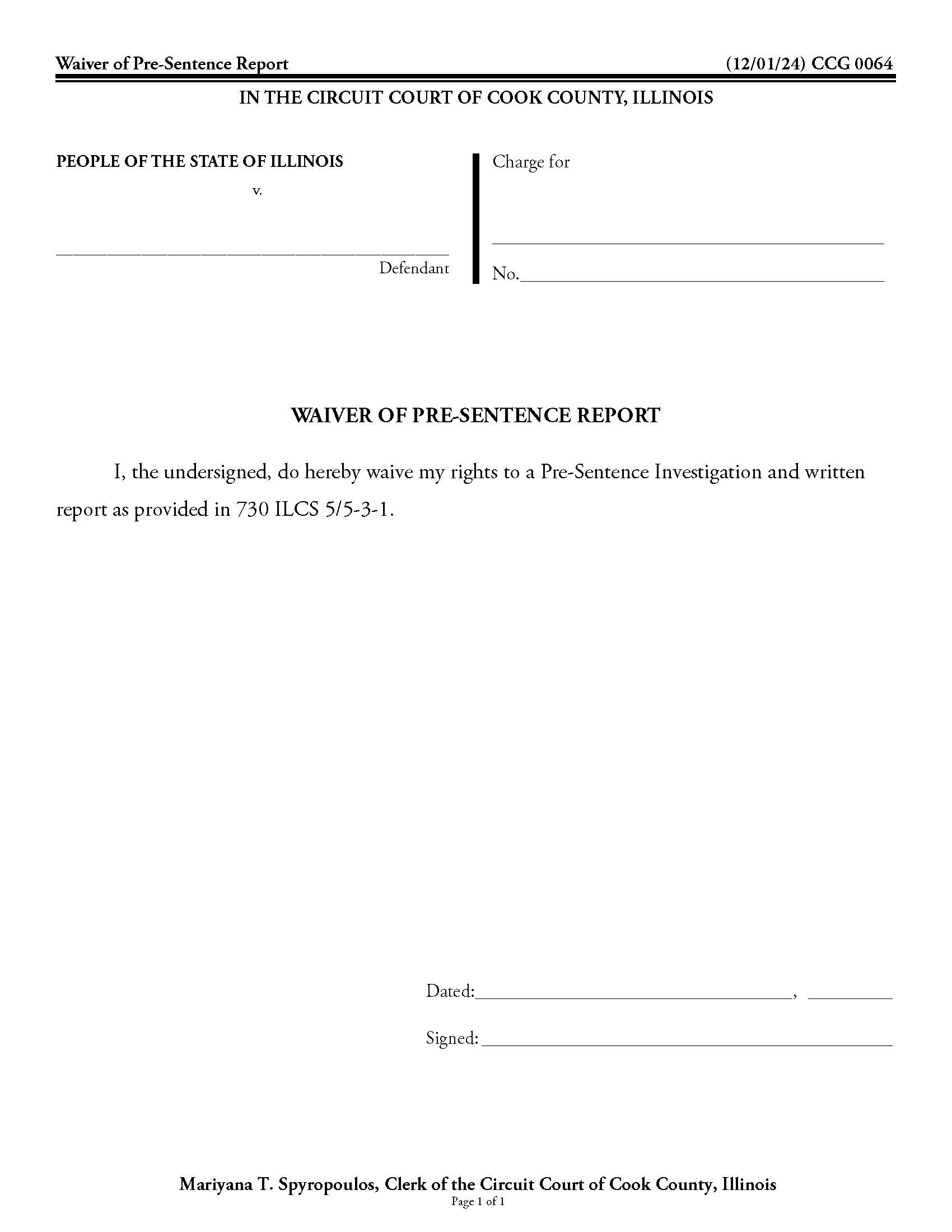 Waiver Of Pre-Sentence Report {CCG 0064} | Pdf Fpdf Doc Docx | Illinois