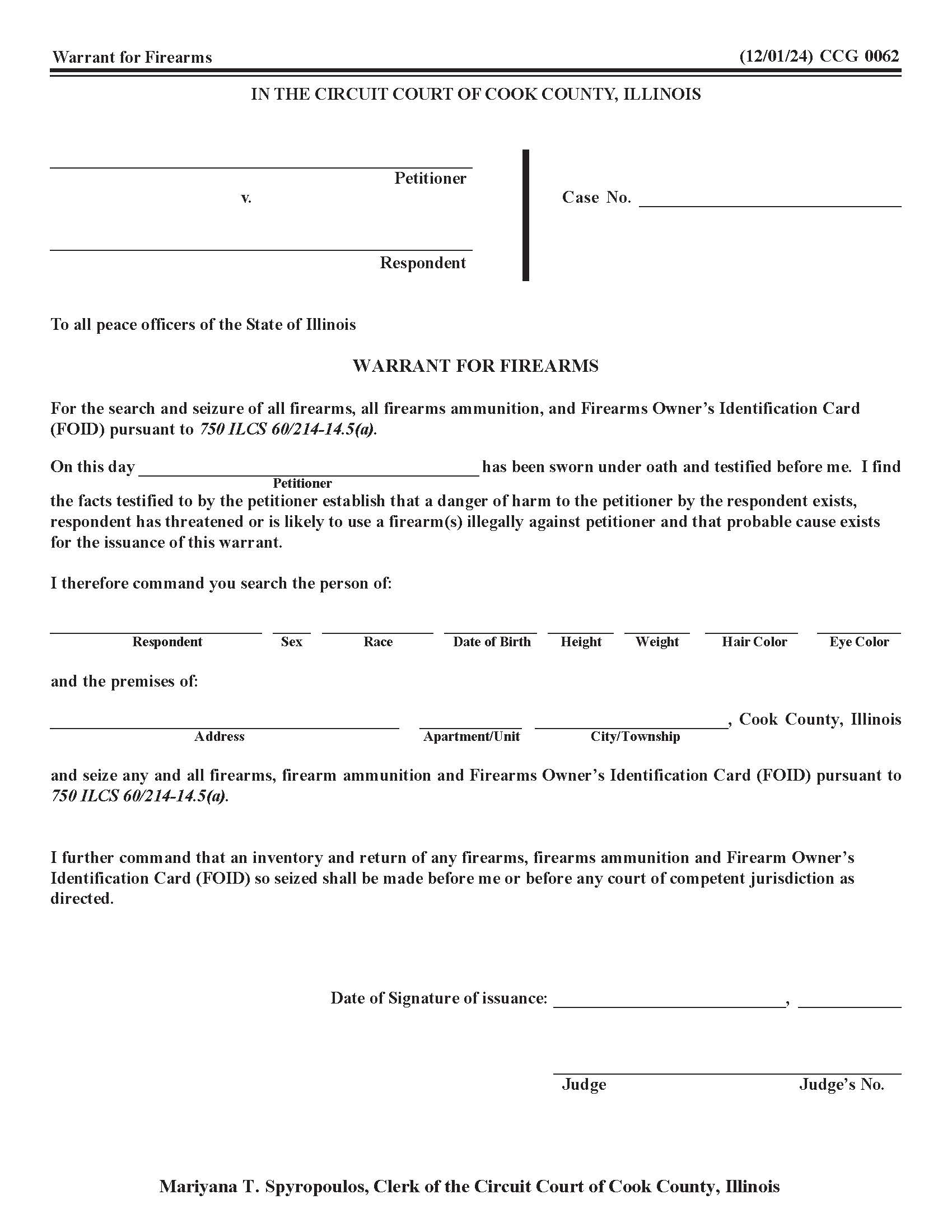 Warrant For Firearms {CCG 0062} | Pdf Fpdf Docx | Illinois