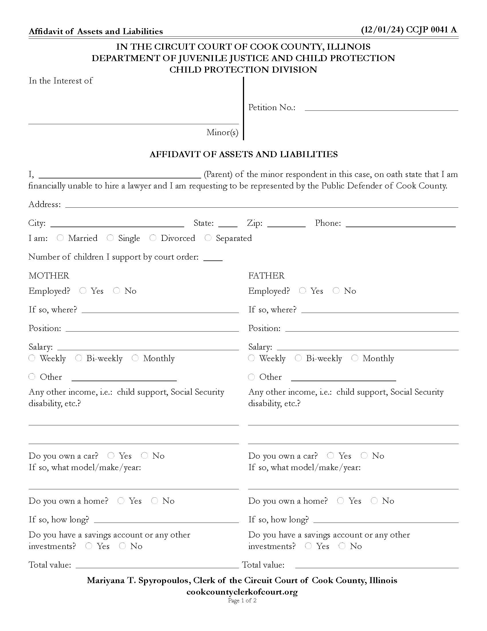 Affidavit Of Assets And Liabilities {CCJP 0041} | Pdf Fpdf Docx | Illinois
