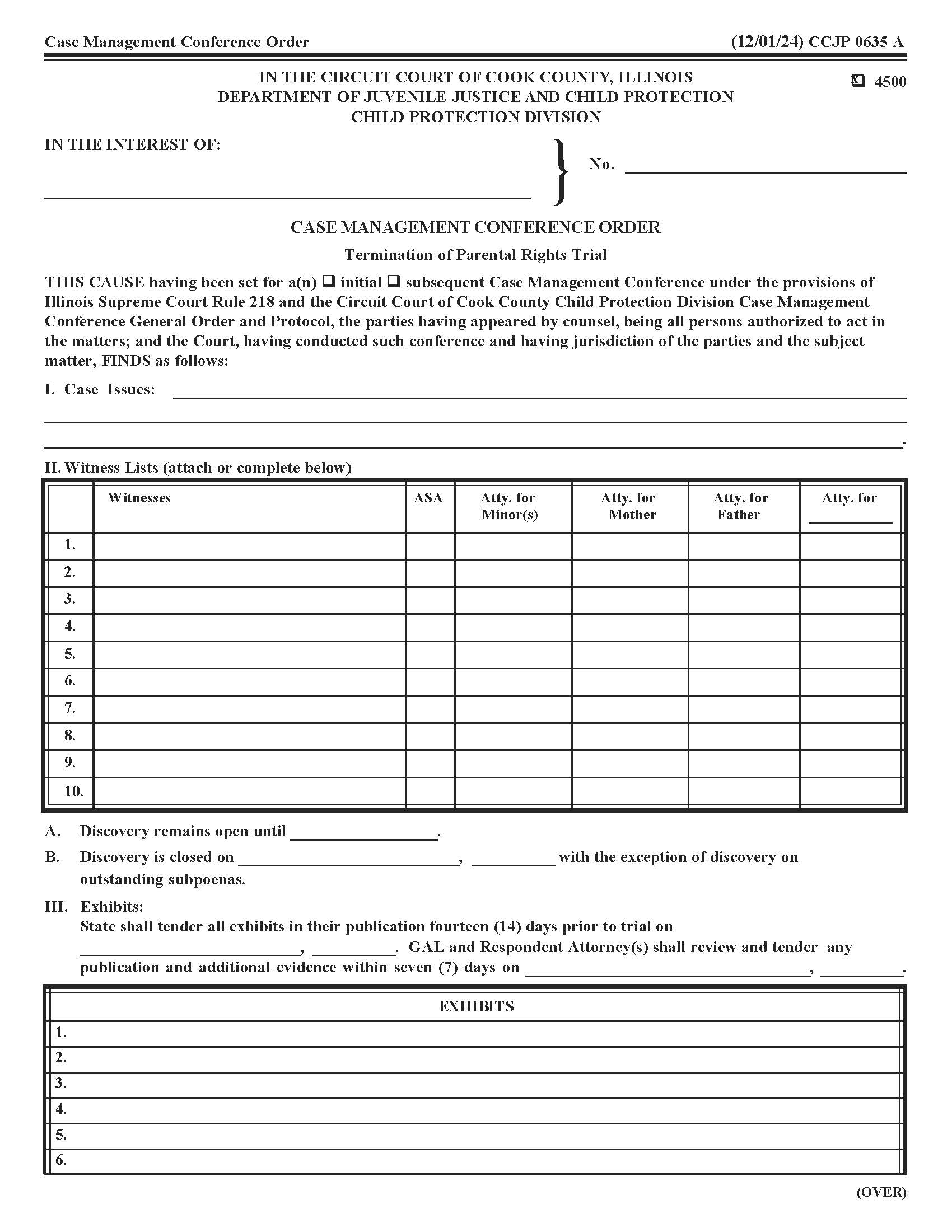 Case Management Conference Order (Termination Of Parental Rights Trial) {CCJP 0635} | Pdf Fpdf Docx | Illinois