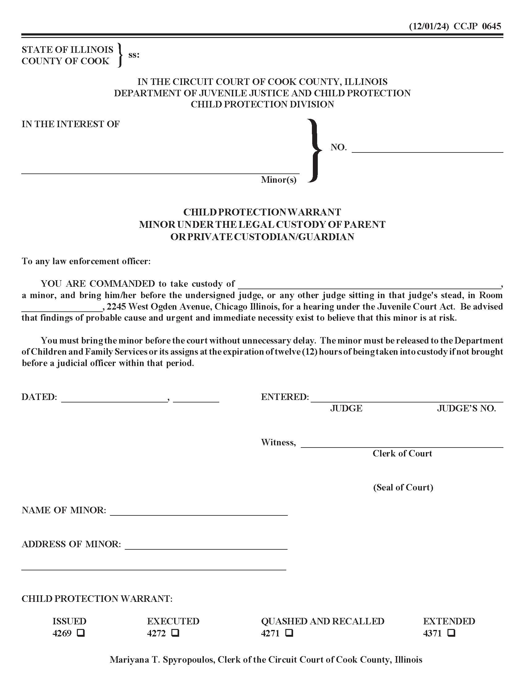 Child Protection Warrant Minor Under Legal Custody Of Parent-Private Guardian {CCJP 0645} | Pdf Fpdf Doc Docx | Illinois
