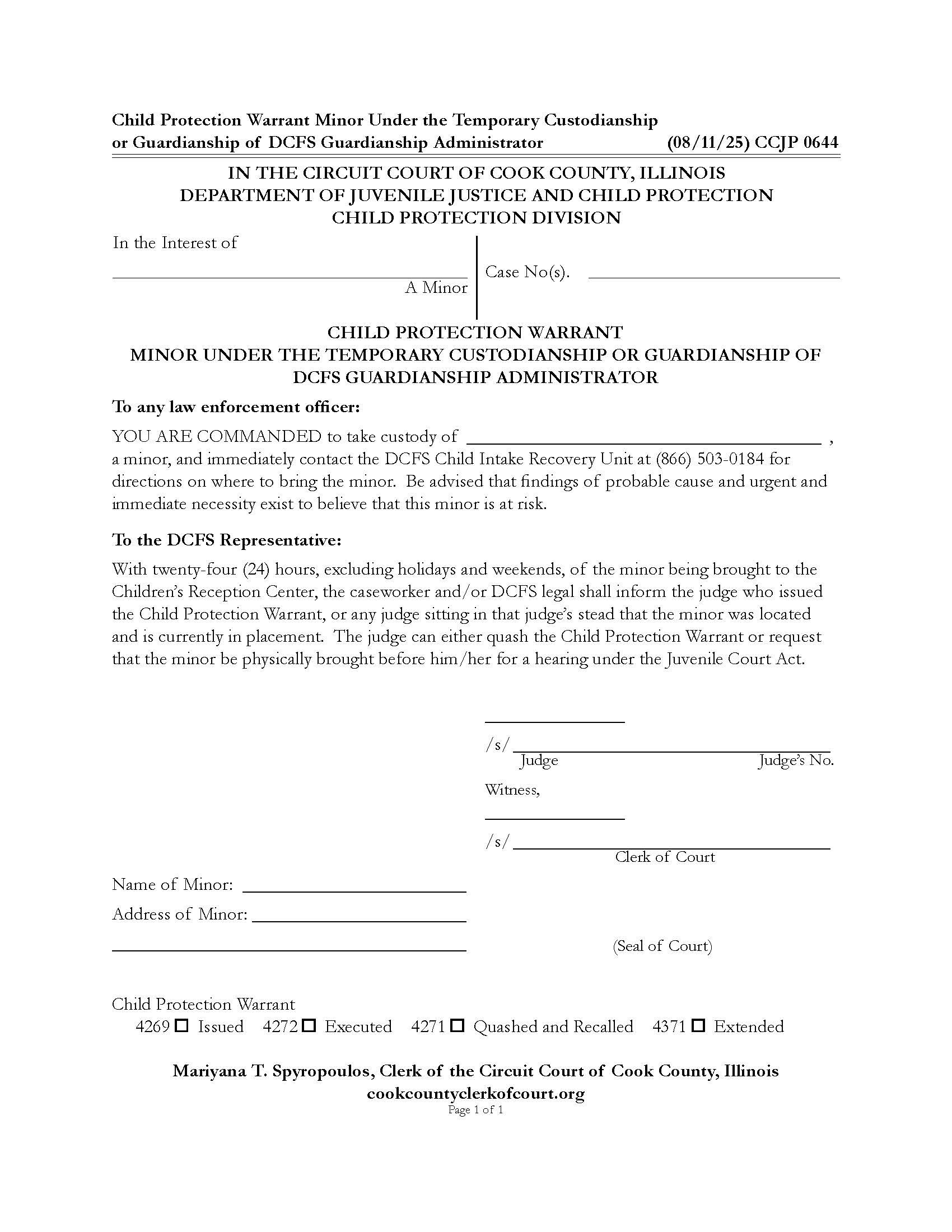 Child Protection Warrant Minor Under Temporary Guardianship Of DCFS GA {CCJP 0644} | Pdf Fpdf Docx | Illinois