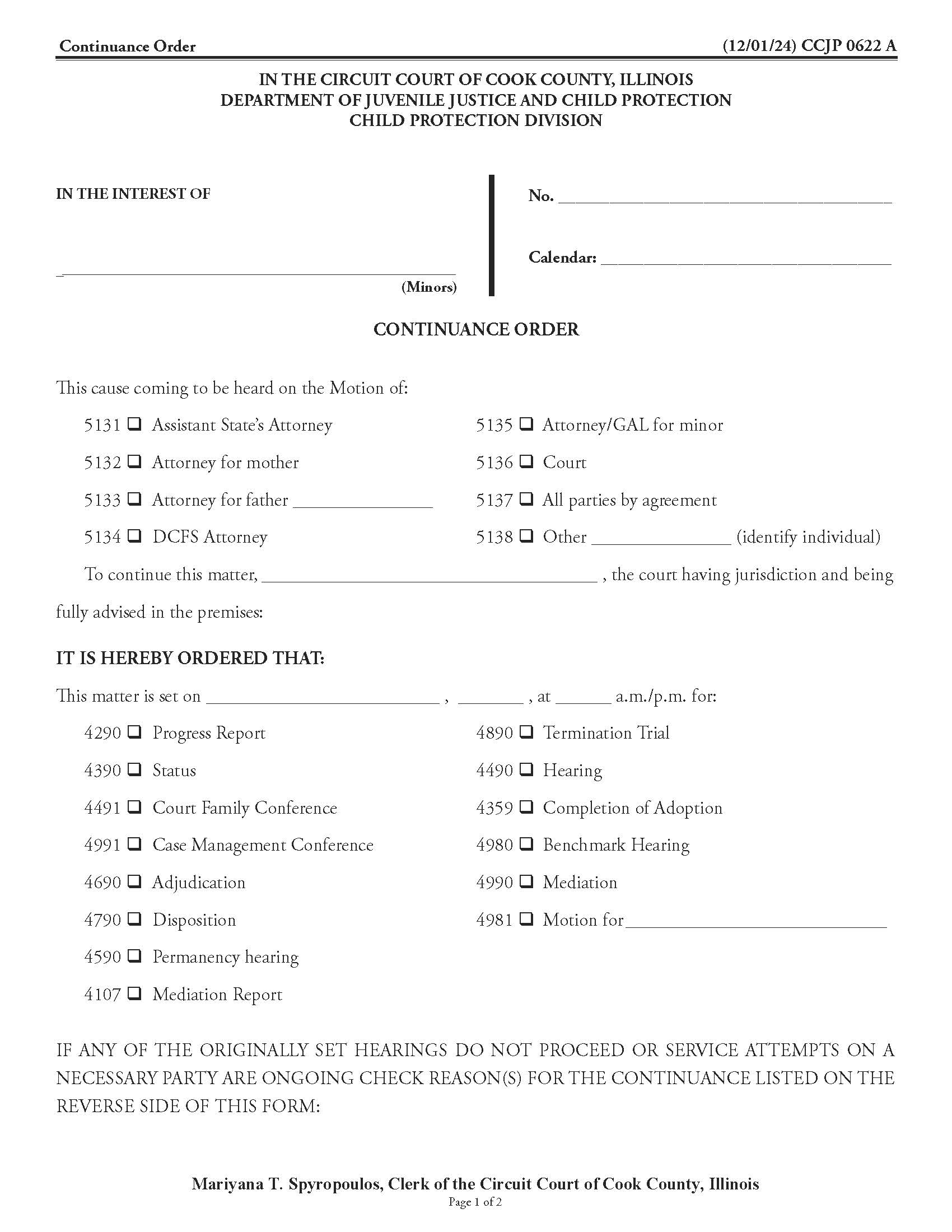 Continuance Order {CCJP 0622} | Pdf Fpdf Doc Docx | Illinois