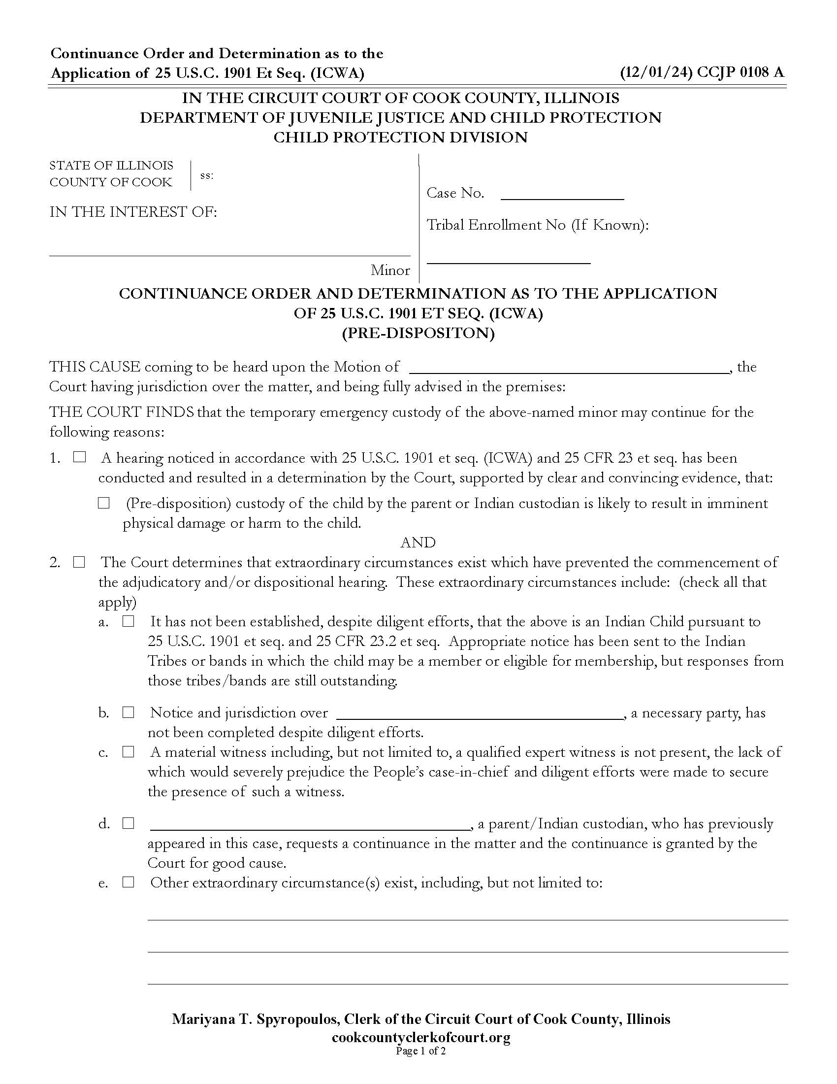 Continuance Order-Determination - Application Of 25 USC1901 Et Seq (ICWA) {CCJP 0108} | Pdf Fpdf Docx | Illinois