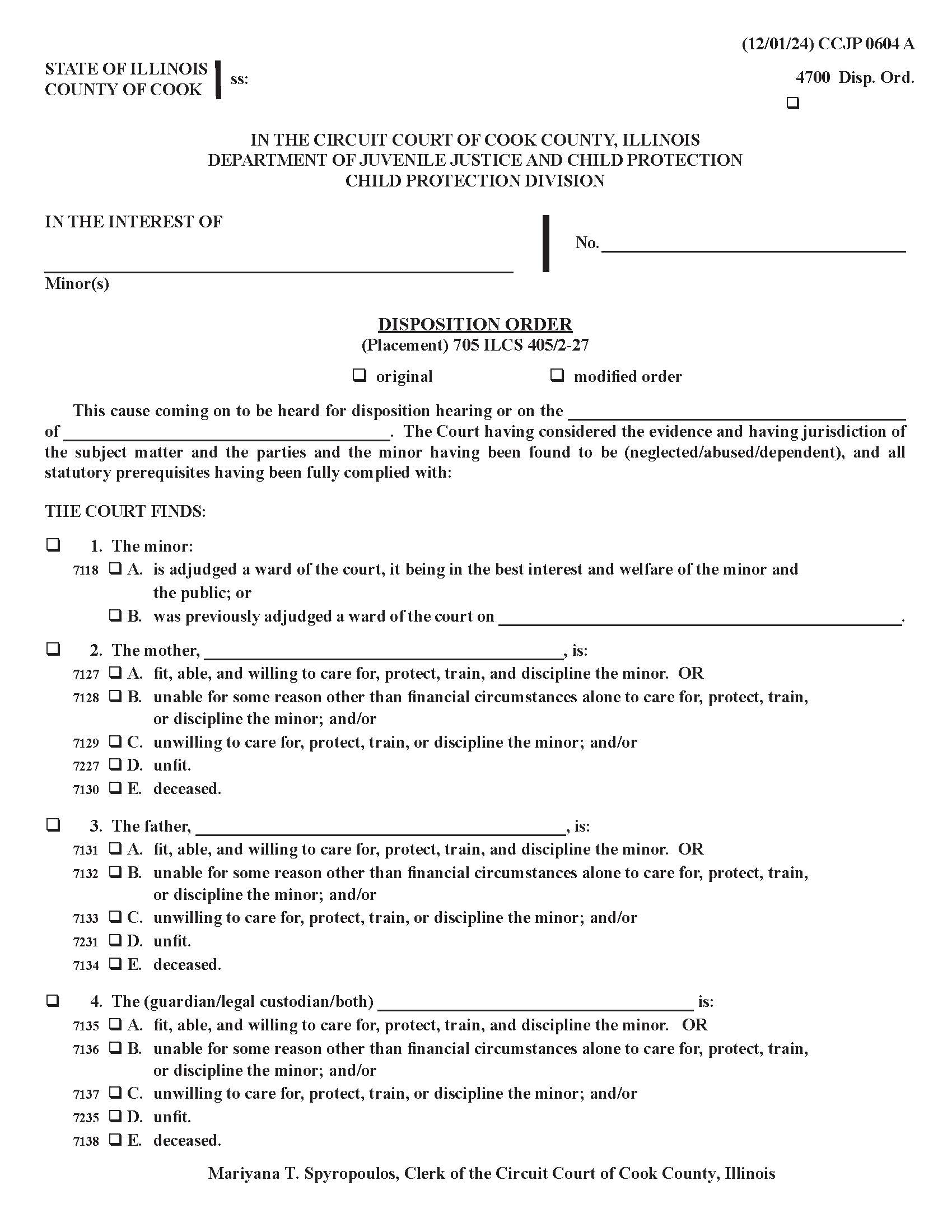 Disposition Order (Placement) {CCJP 0604} | Pdf Fpdf Docx | Illinois
