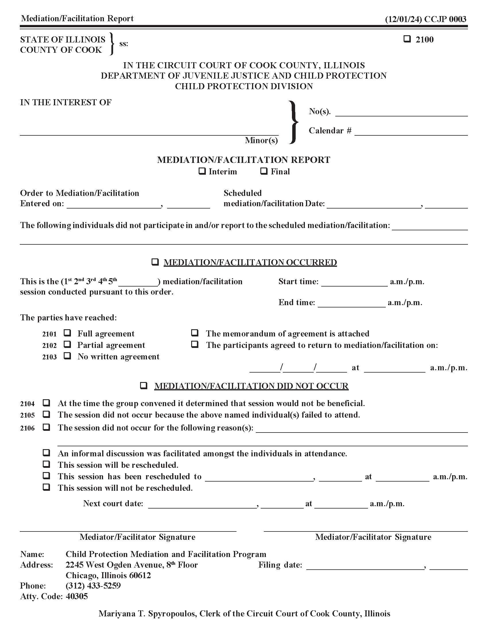 Mediation-Facilitation Report {CCJP 0003} | Pdf Fpdf Docx | Illinois