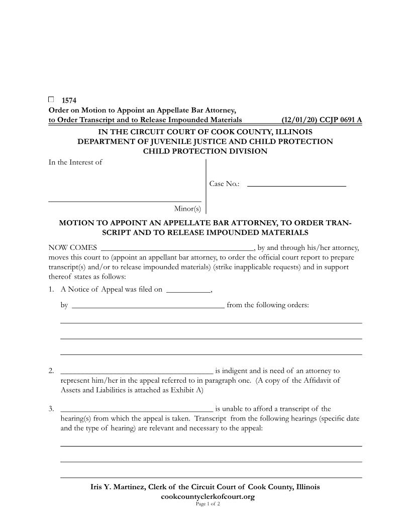 Motion To Appoint Appellate Attorney Order Transcript Release Impounded Materials {CCJP 0691} | Pdf Fpdf Docx | Illinois