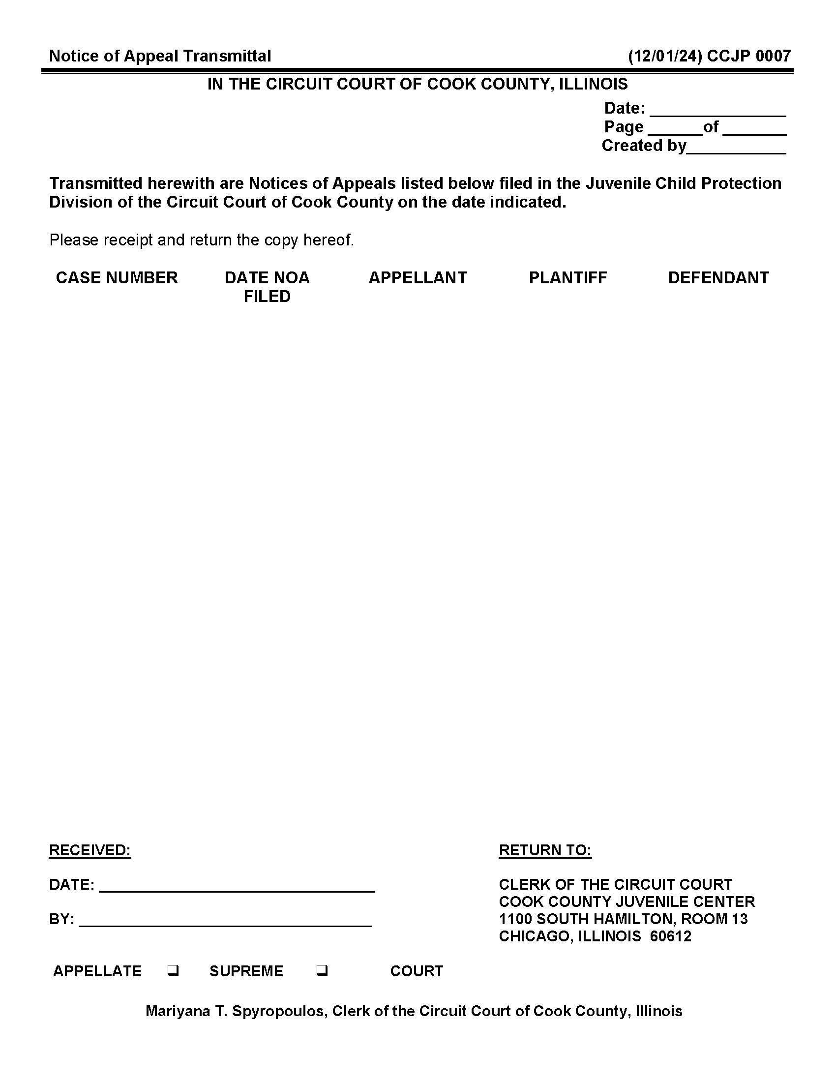 Notice Of Appeal Transmittal {CCJP 0007} | Pdf Fpdf Docx | Illinois