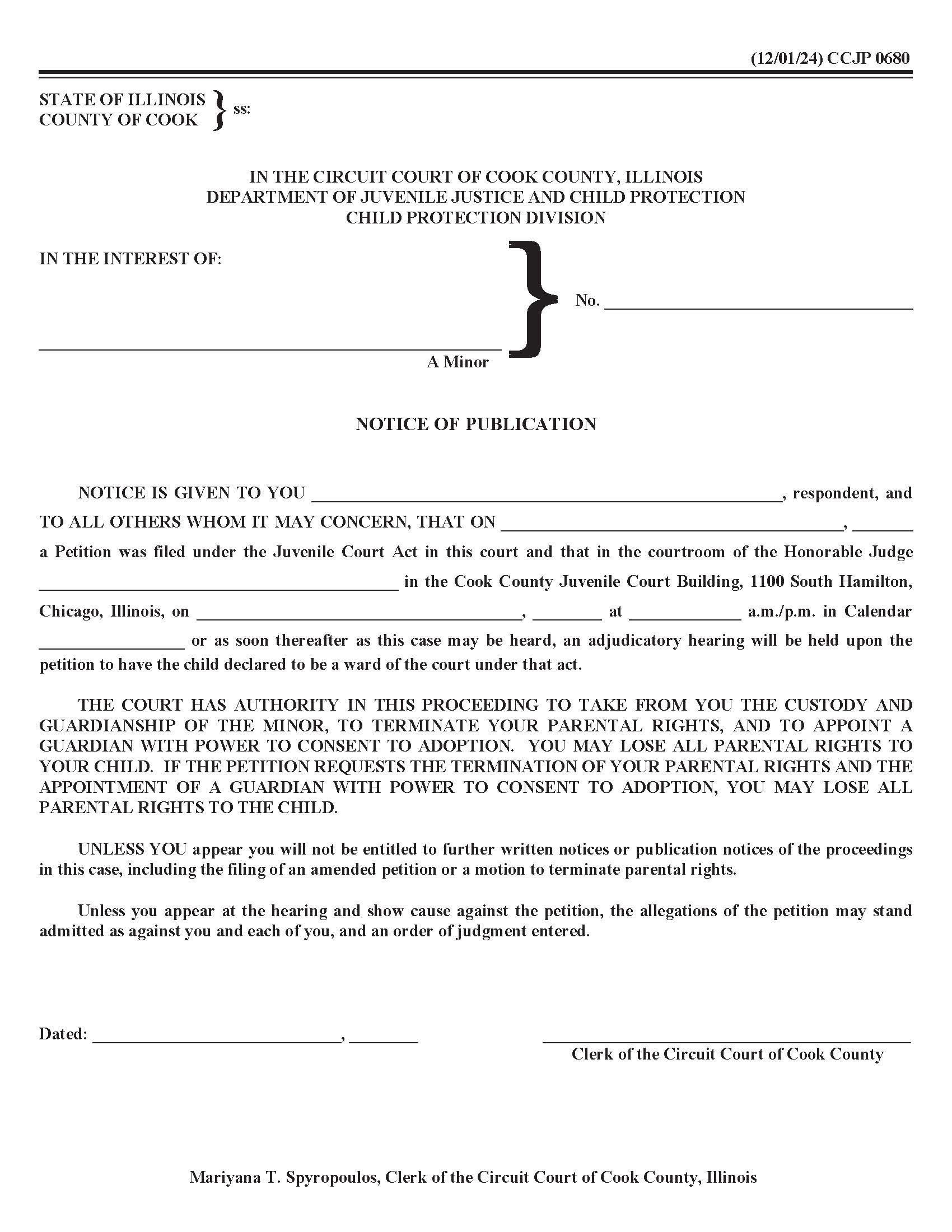Notice Of Publication {CCJP 0680} | Pdf Fpdf Docx | Illinois