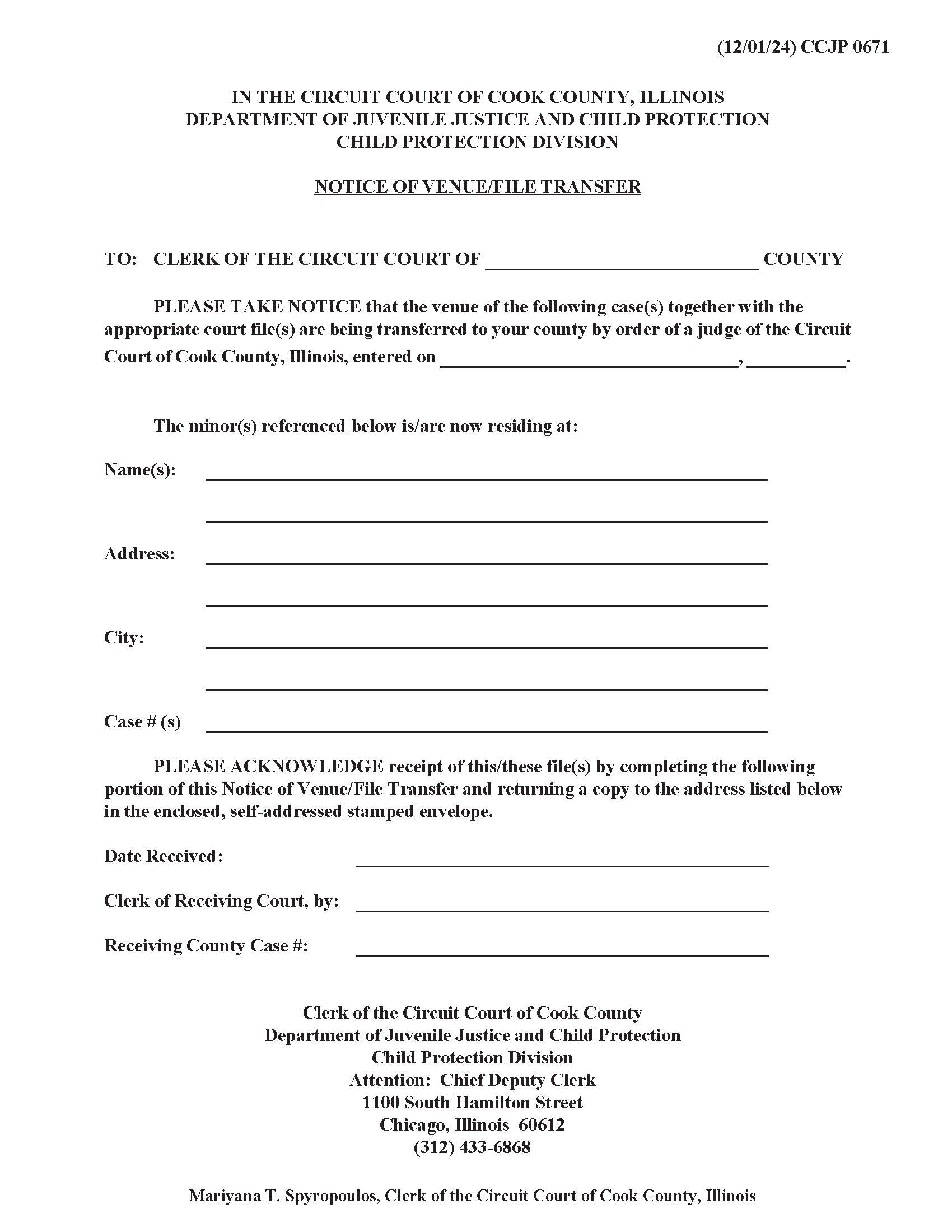 Notice Of Venue File Transfer {CCJP 0671} | Pdf Fpdf Docx | Illinois