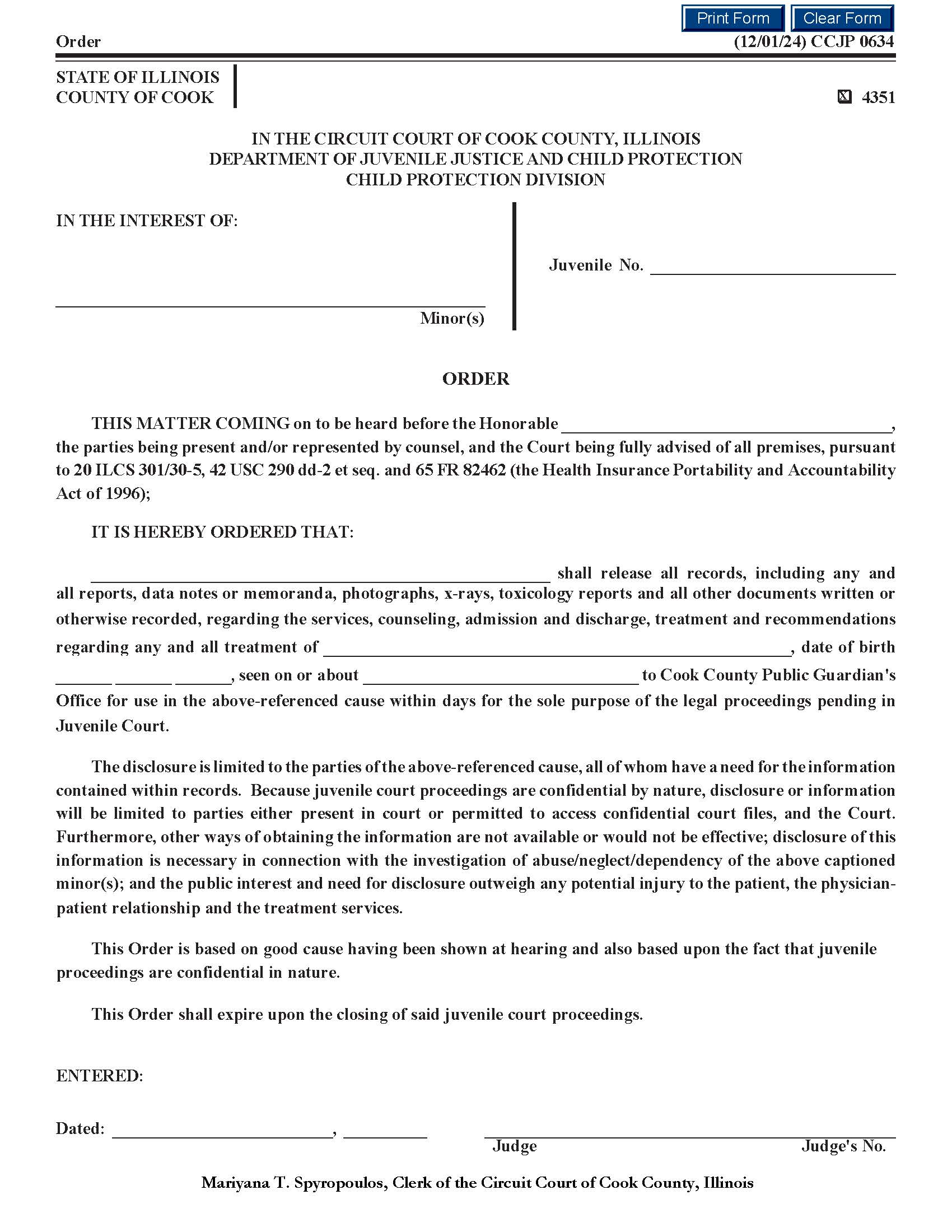 Order (HIPAA Records Release) {CCJP 0634} | Pdf Fpdf Docx | Illinois