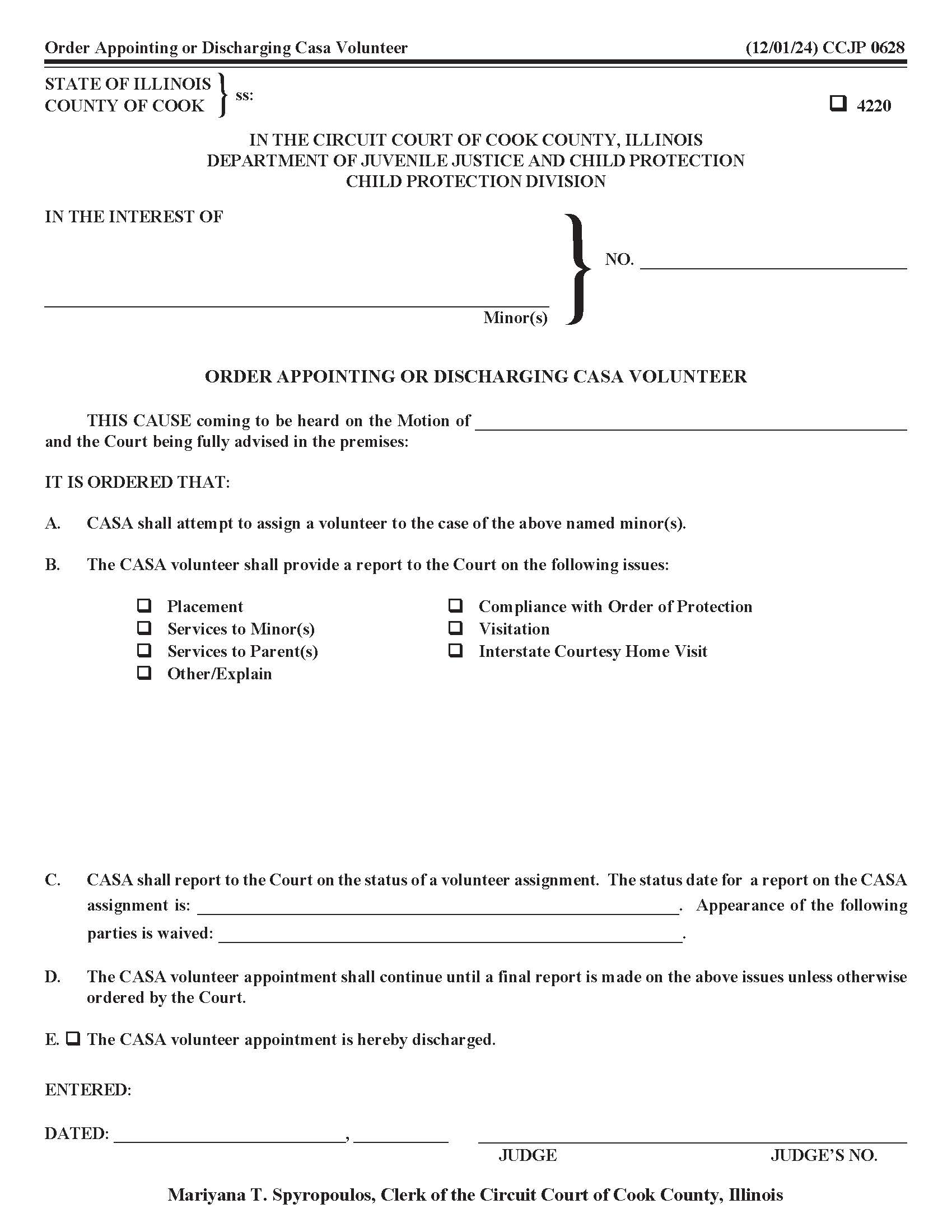 Order Appointing Or Discharging CASA Volunteer {CCJP 0628} | Pdf Fpdf Docx | Illinois