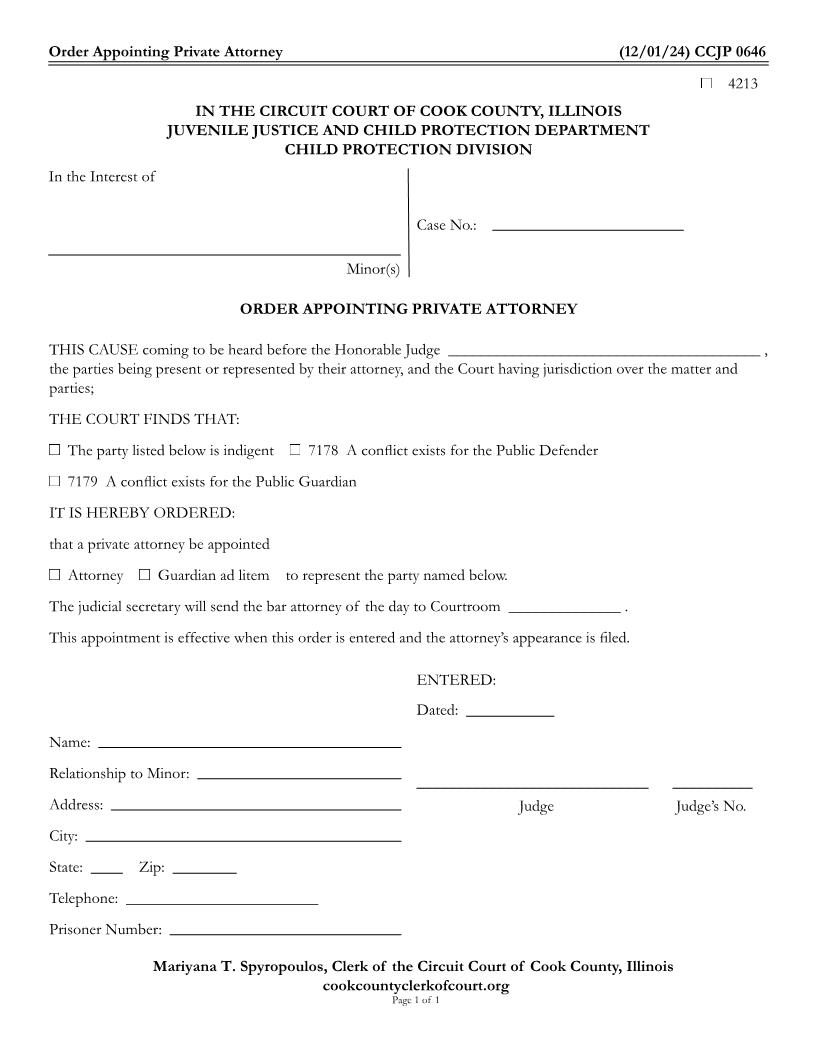 Order Appointing Private Attorney {CCJP 0646} | Pdf Fpdf Docx | Illinois